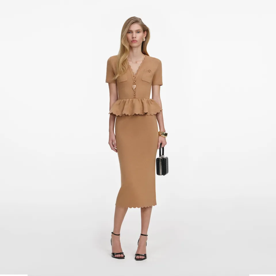 Self Portrait Camel Knit Peplum Midi Kleid Gr. S