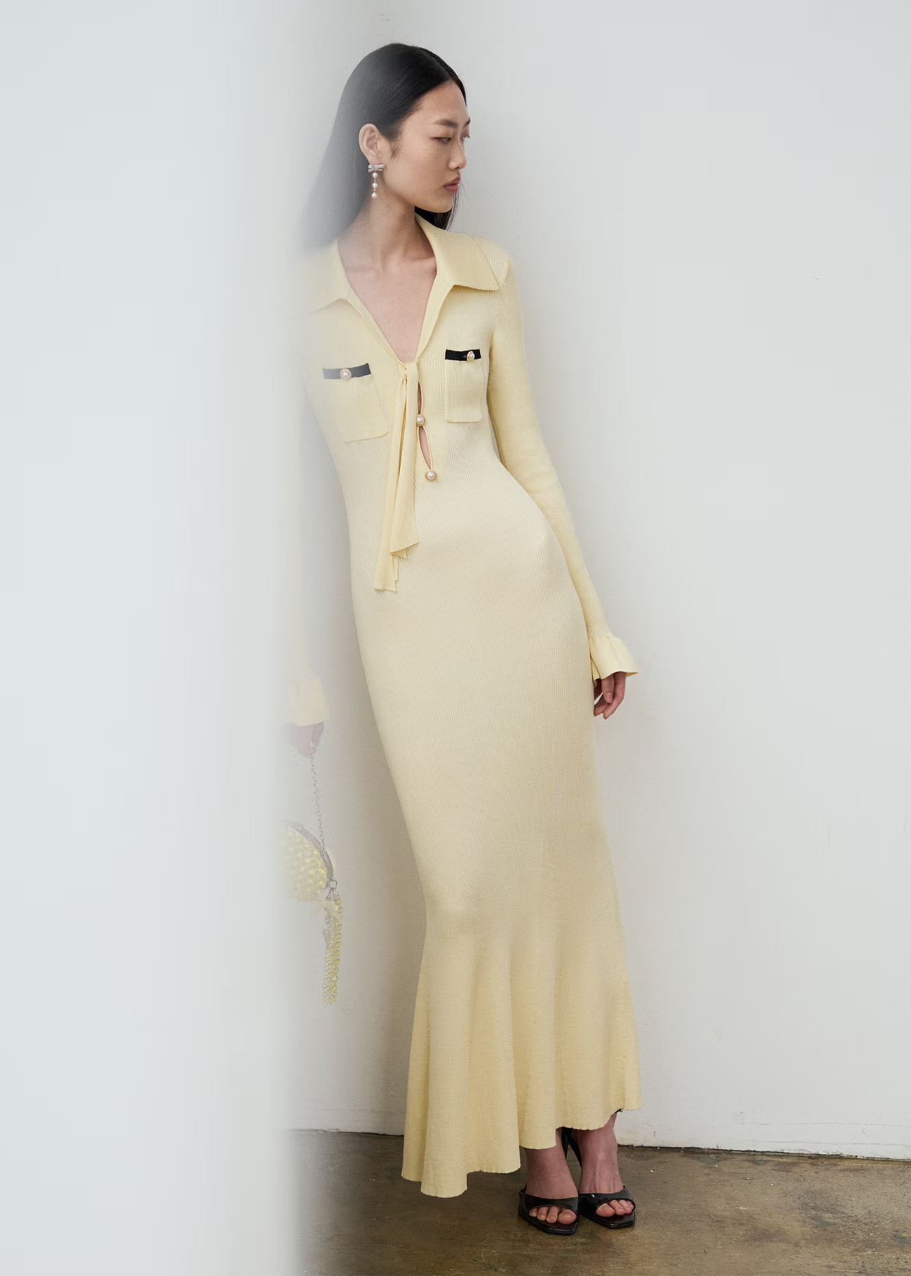Self Portrait Yellow Viscose Midikleid gelb Strick Größe S