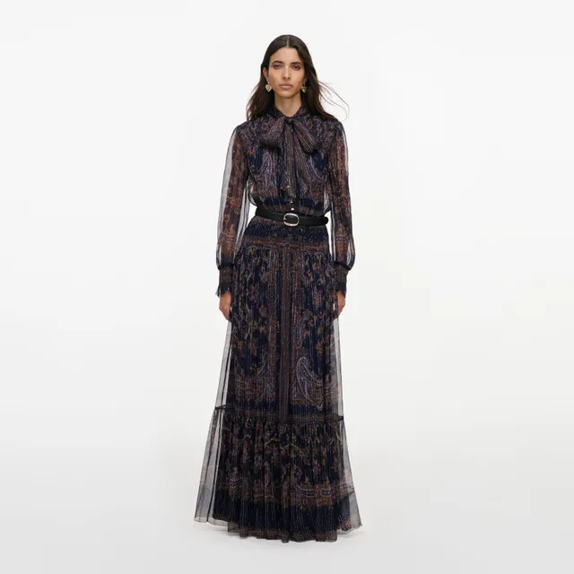 Self Portrait Navy Printed Georgette Maxi Kleid UK 8