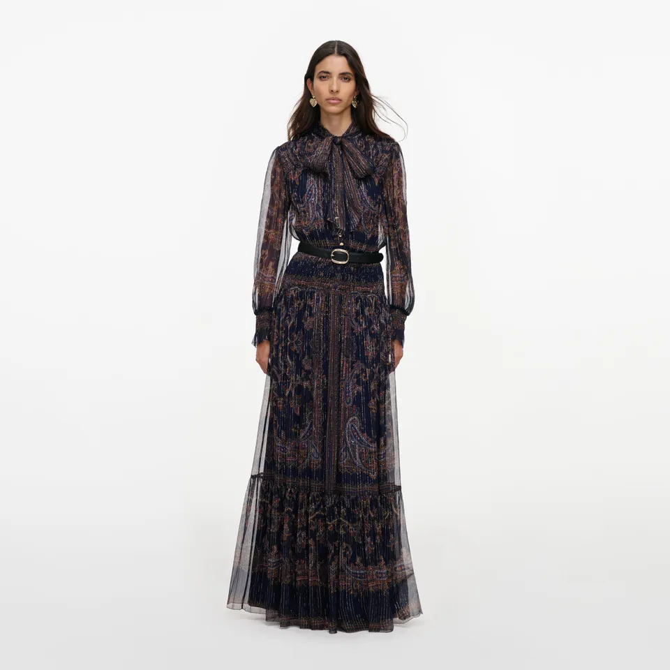 Self Portrait Navy Printed Georgette Maxi Kleid UK 8