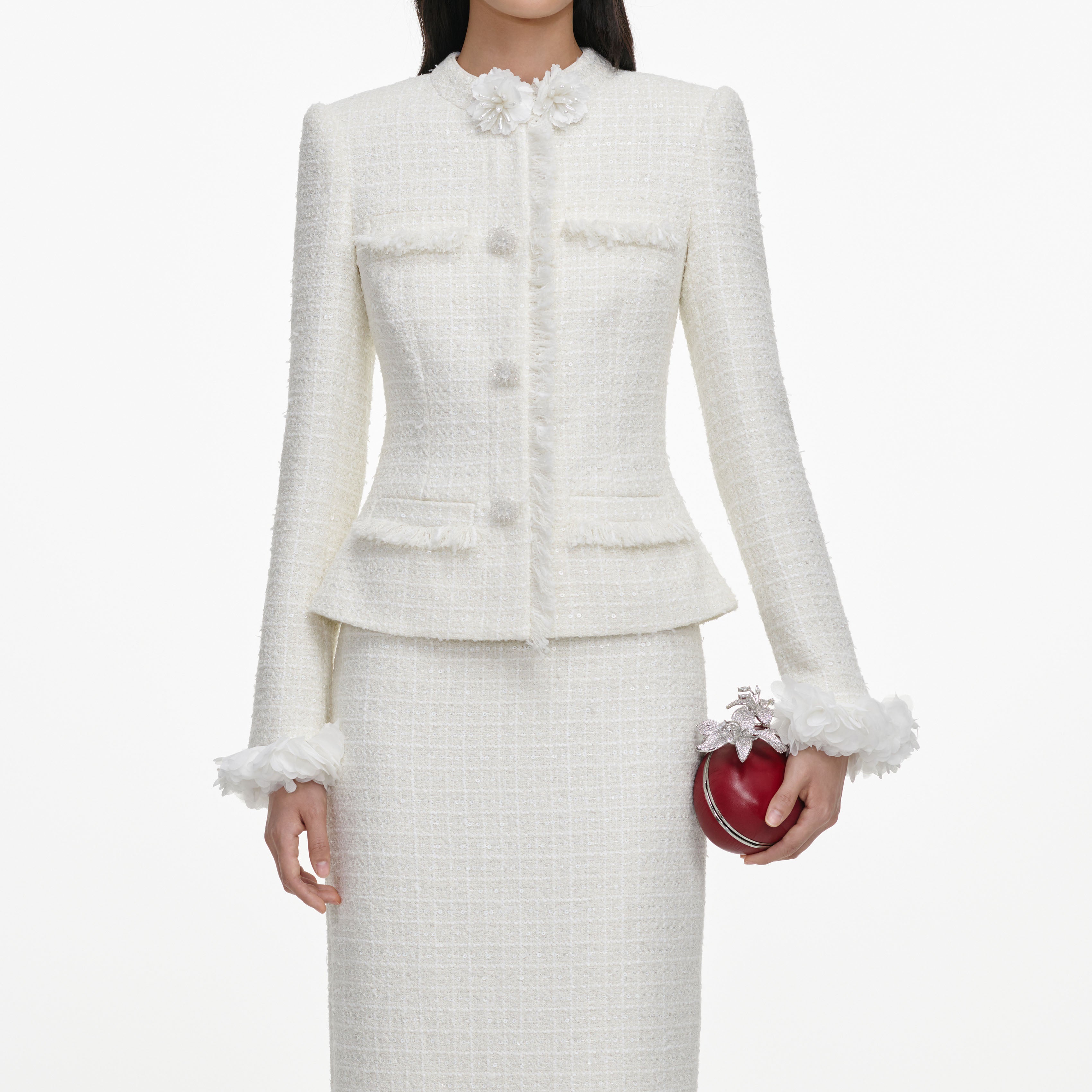 Self Portrait Cream Boucle Flower Midi Kleid Creme