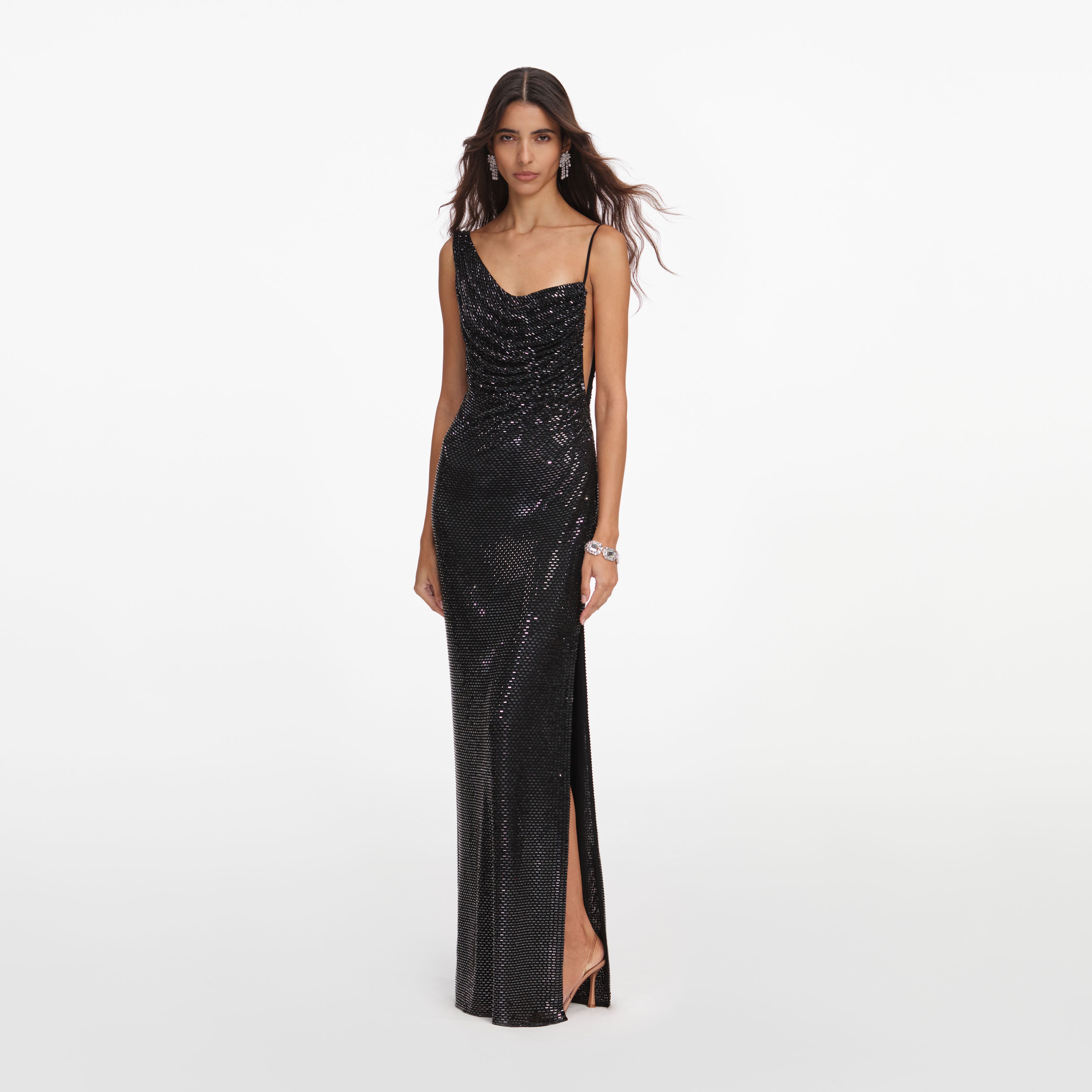 Self Portrait Black Rhinestone Draped Maxi Dress Schwarz