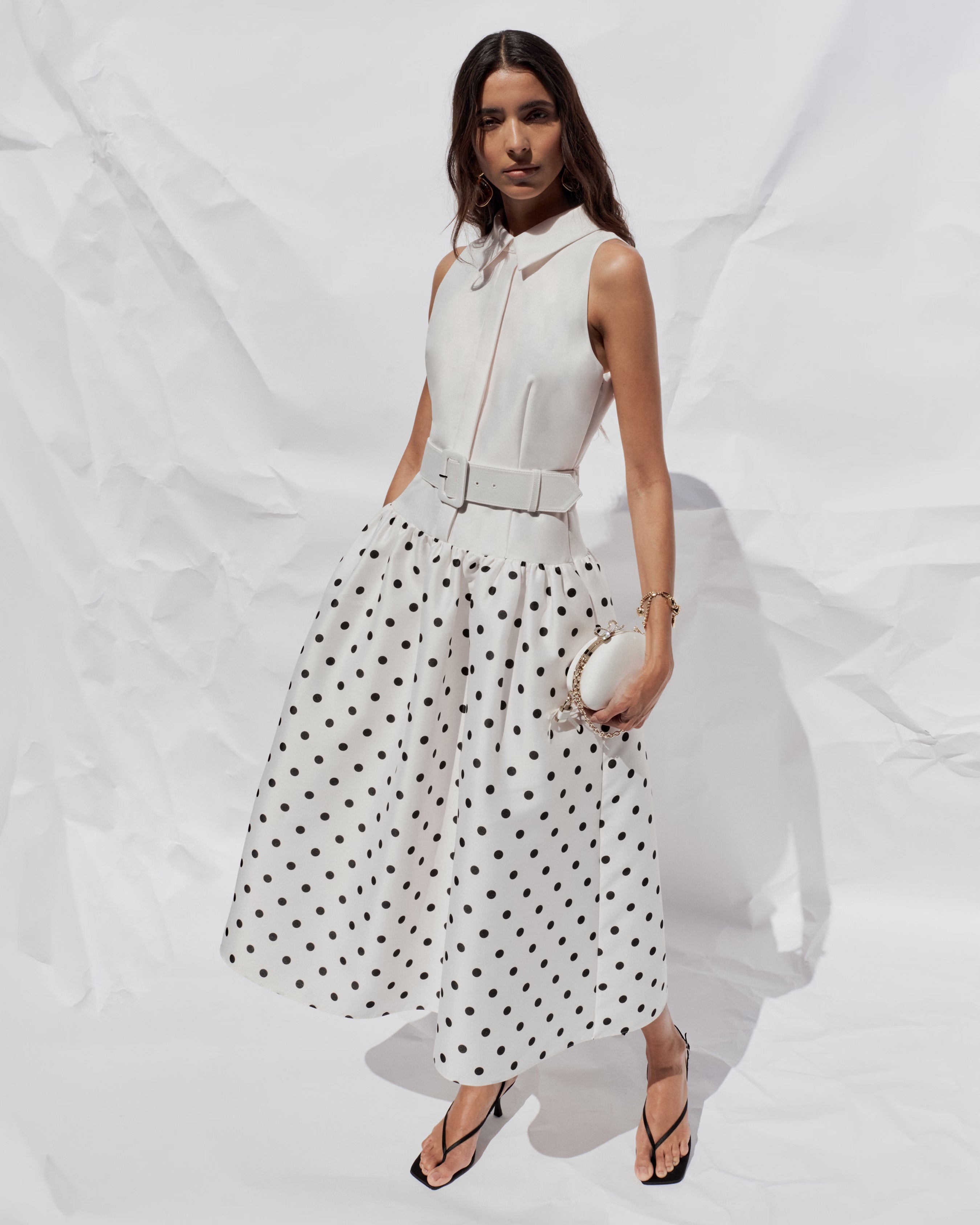 Self Portrait Midi Kleid Weiß Punkte Ärmellos UK 8