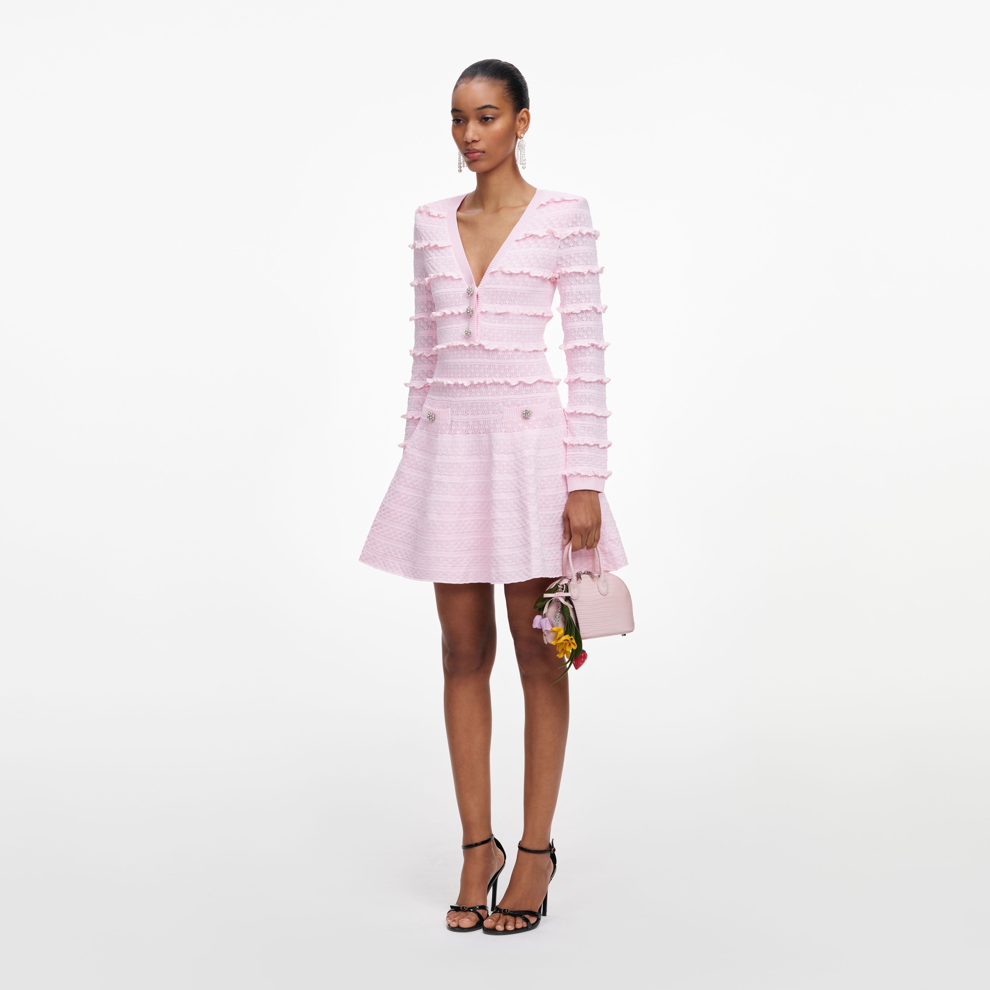 Self Portrait Pink Pointelle Diamante Knit Mini Kleid Pink S