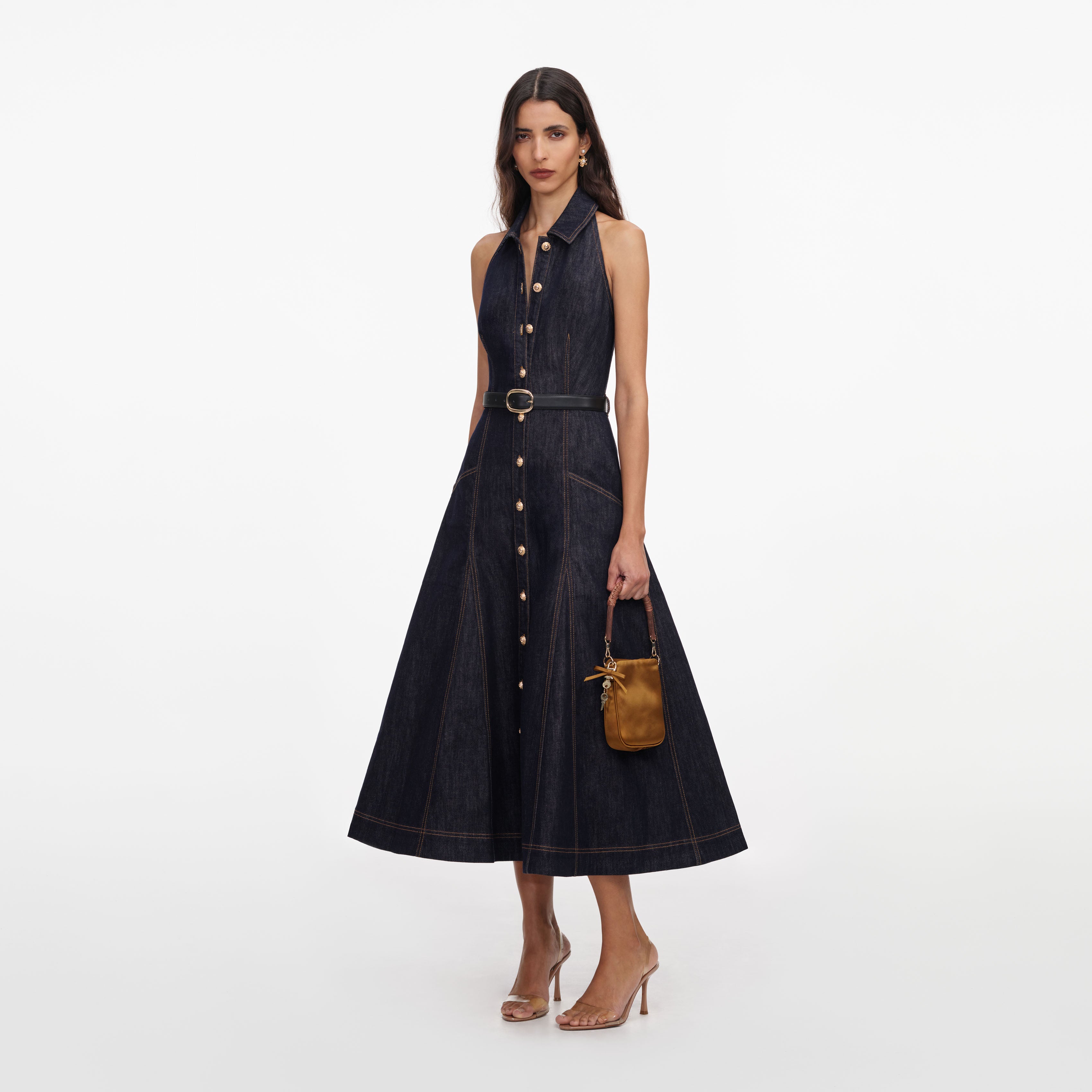 Self Portrait Denim Indigo Halterneck Midikleid UK 6 rückenfrei