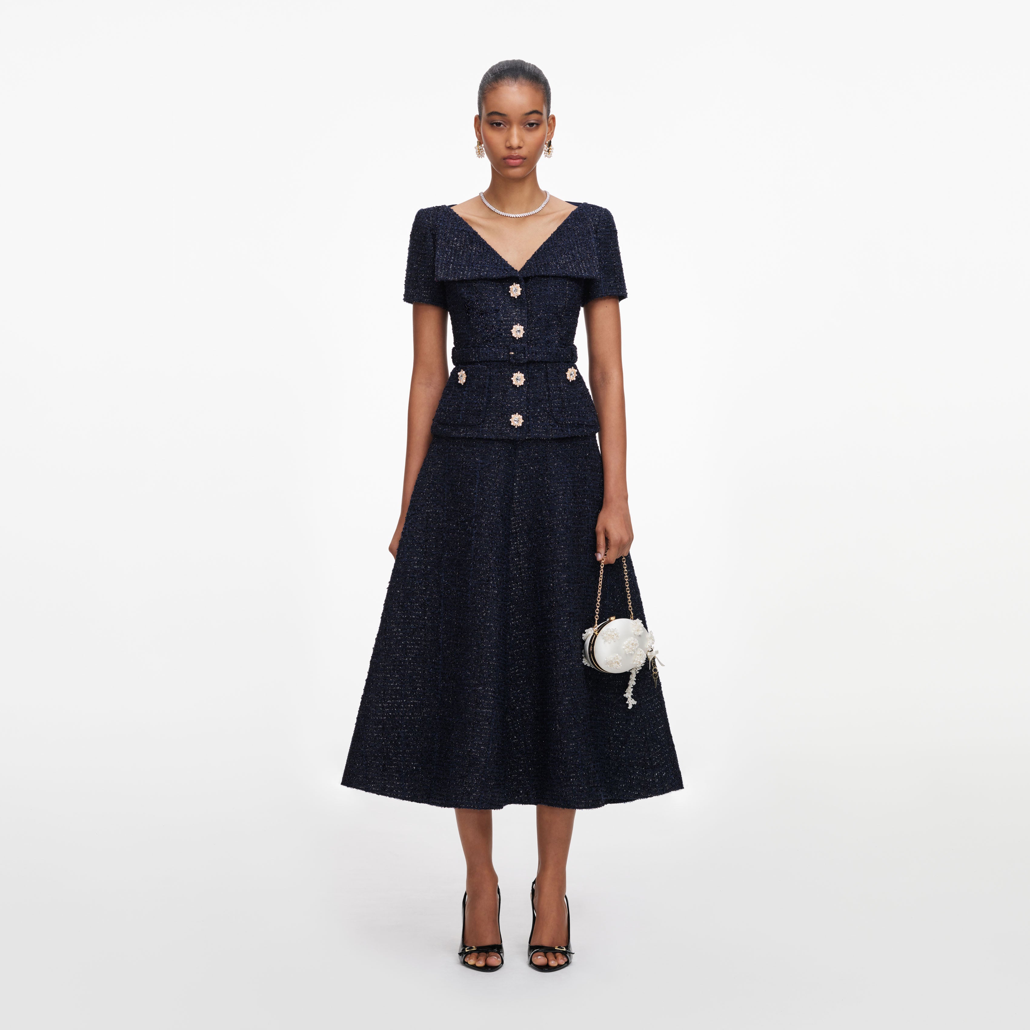 Self Portrait Boucle Midikleid Navy Diamante-Knöpfe Taschen