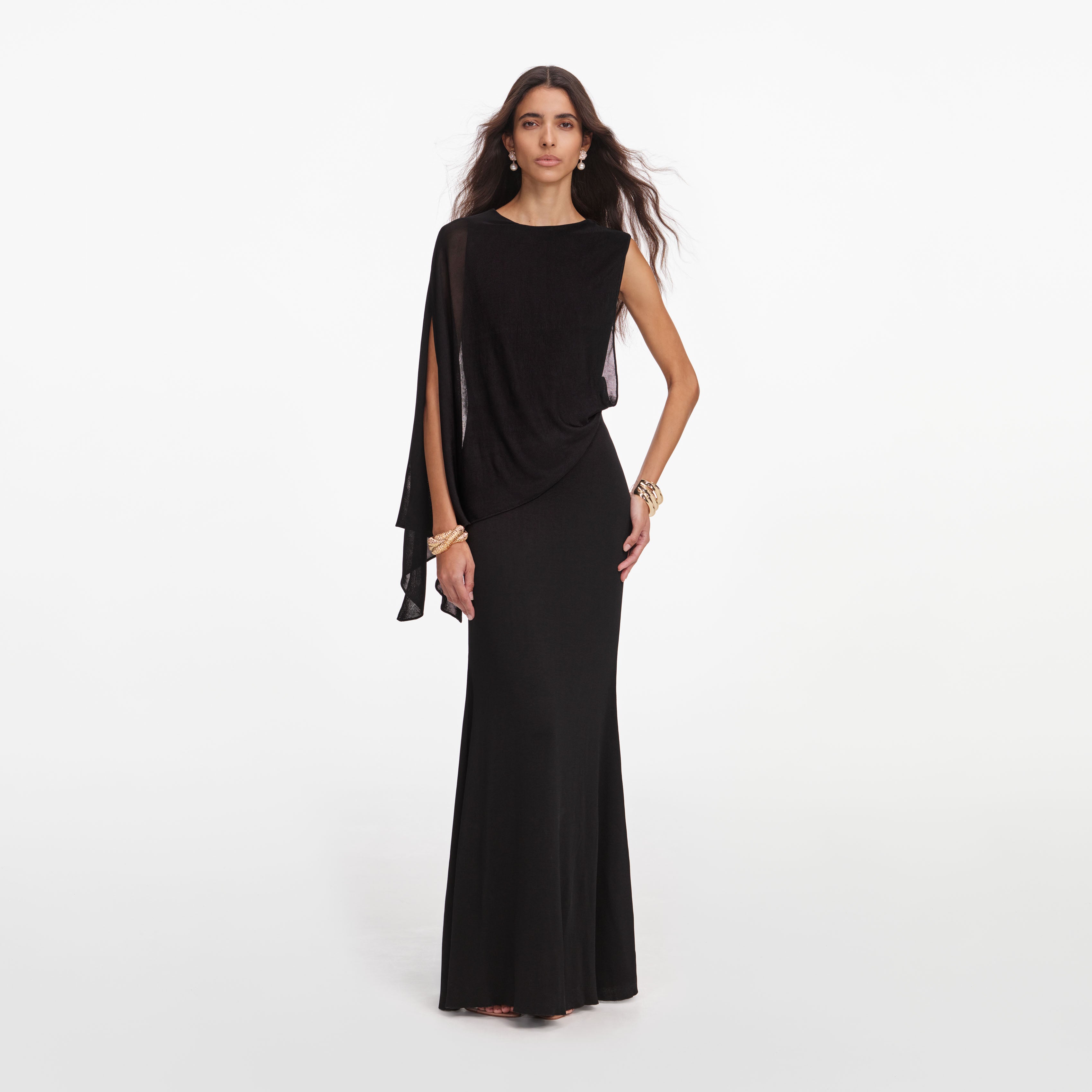 Self Portrait One Shoulder Maxi Kleid Schwarz XS Viskose