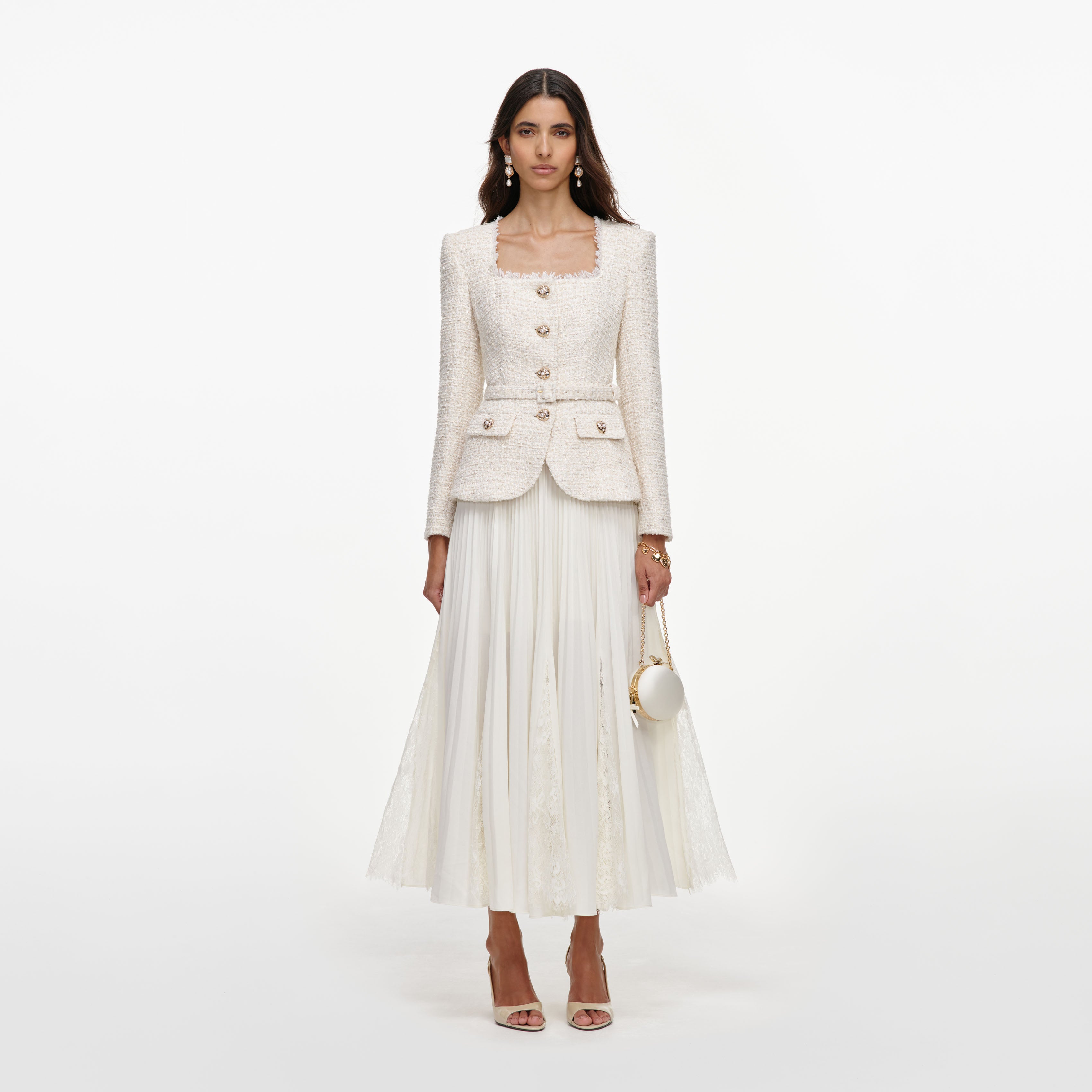 Self Portrait Cream Boucle Chiffon Midi Kleid Creme