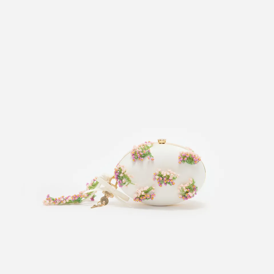 Self Portrait Cream Satin Floral Clutch Creme