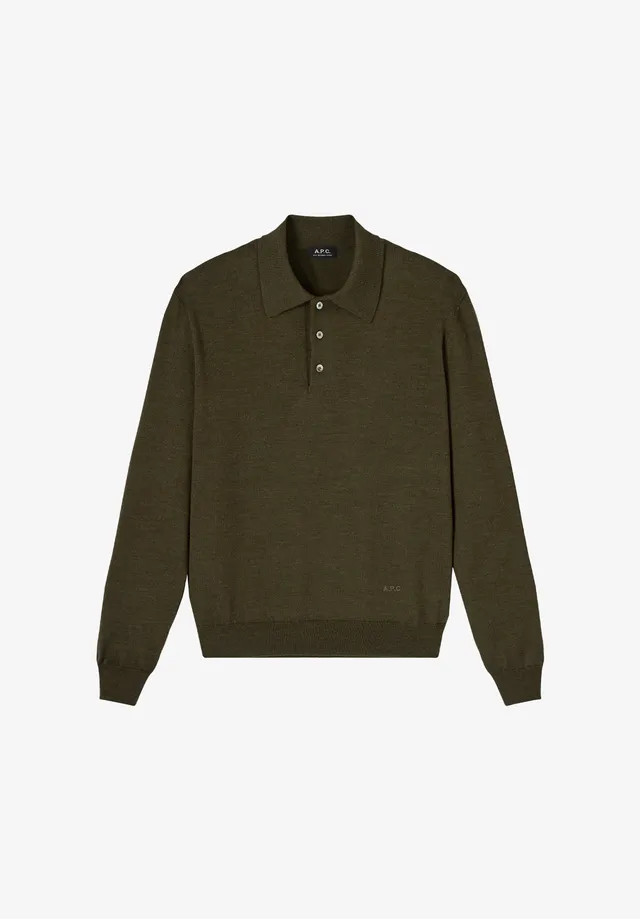 A.P.C. Woll Poloshirt dunkelgrün Langarm Perlmutt
