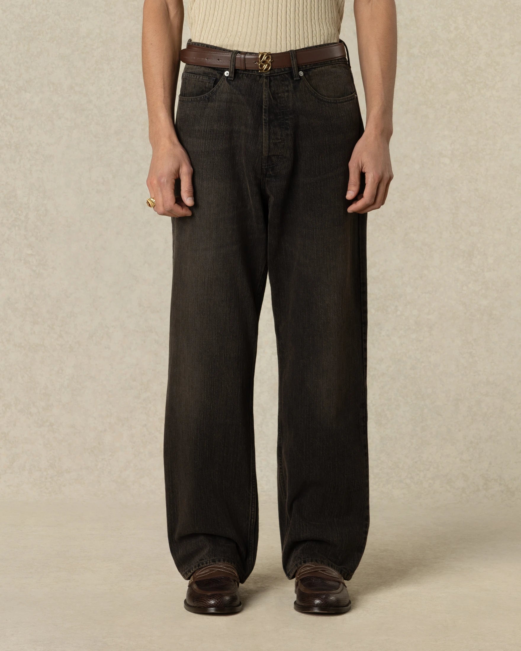 Drôle De Monsieur Washed Straight Denim Pants Jeans Khaki