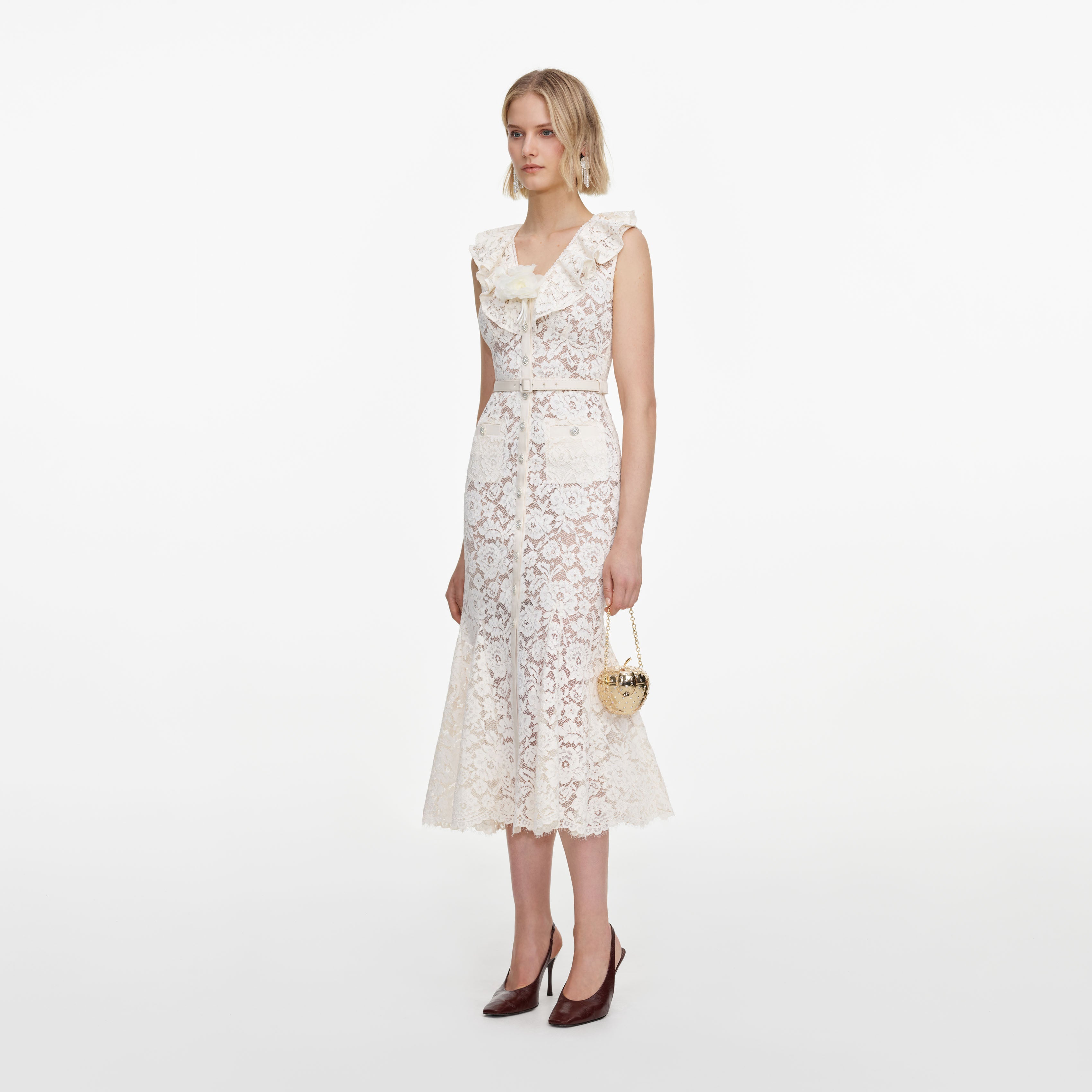Self Portrait Dresses Cream Lace Flower Midi Kleid creme