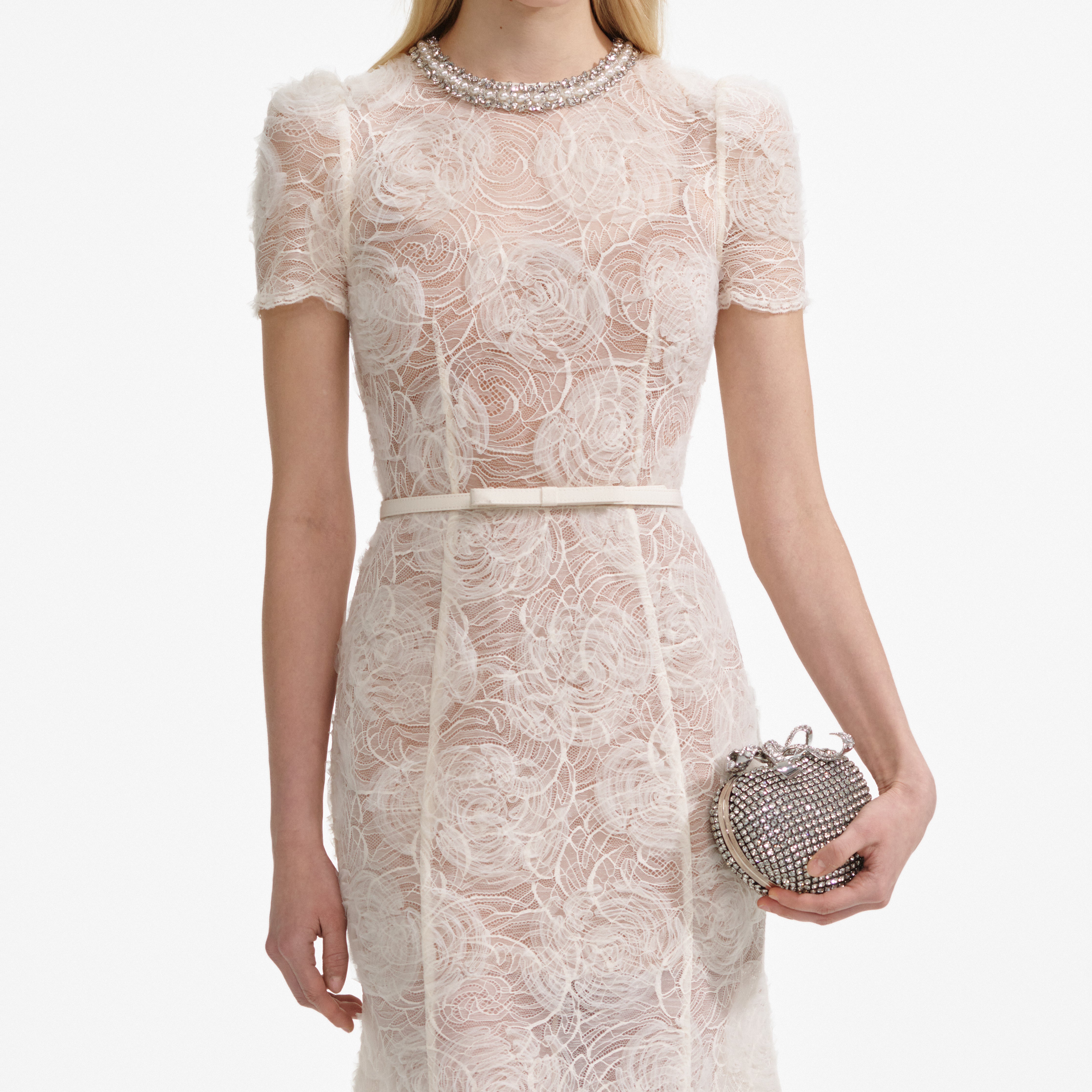 Self Portrait Midi Kleid Creme Tüll Spitze UK 8