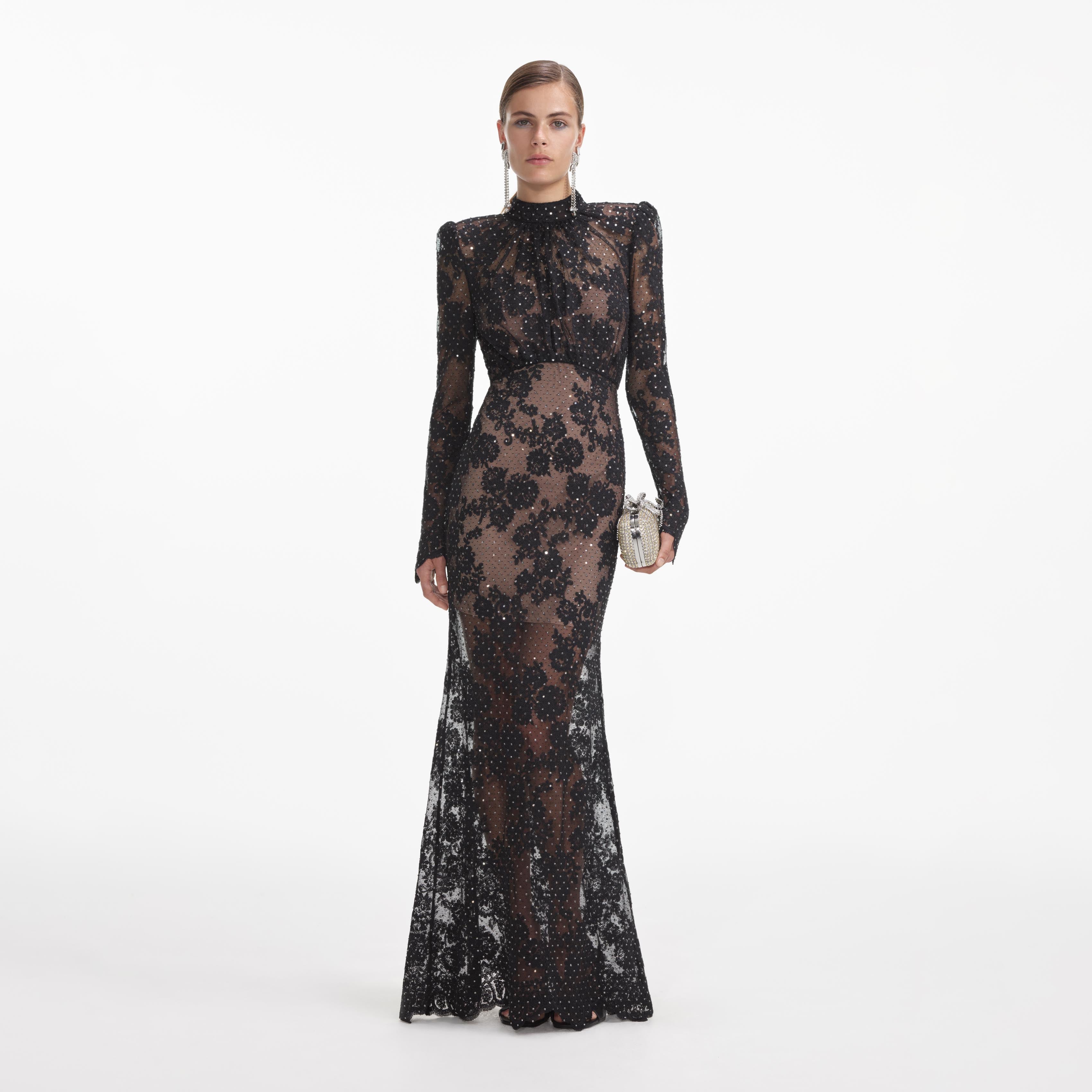 Self Portrait Black Rhinestone Lace Maxi Kleid Schwarz UK 6