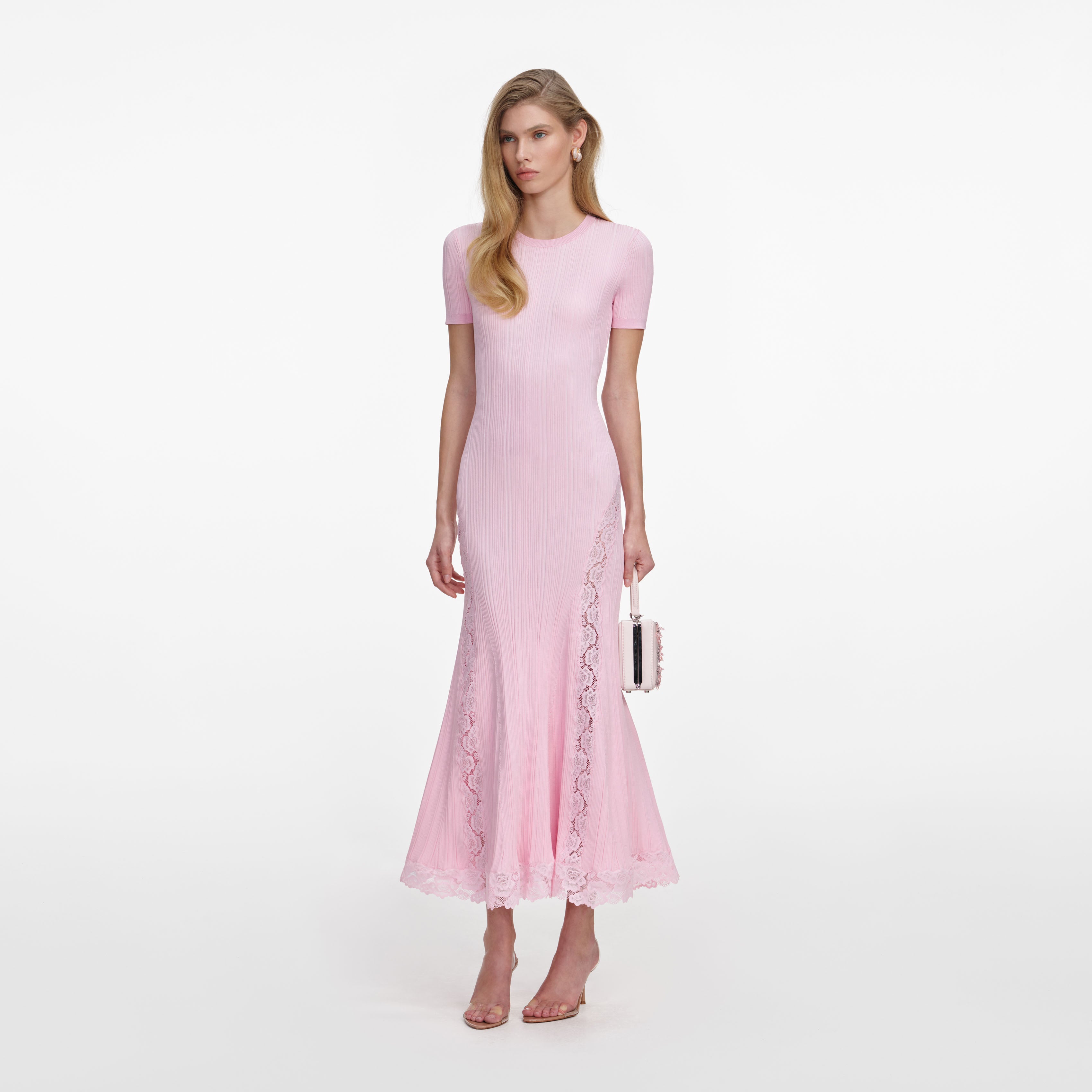 Self Portrait Pink Knit Lace Midi Kleid Rosa Spitze