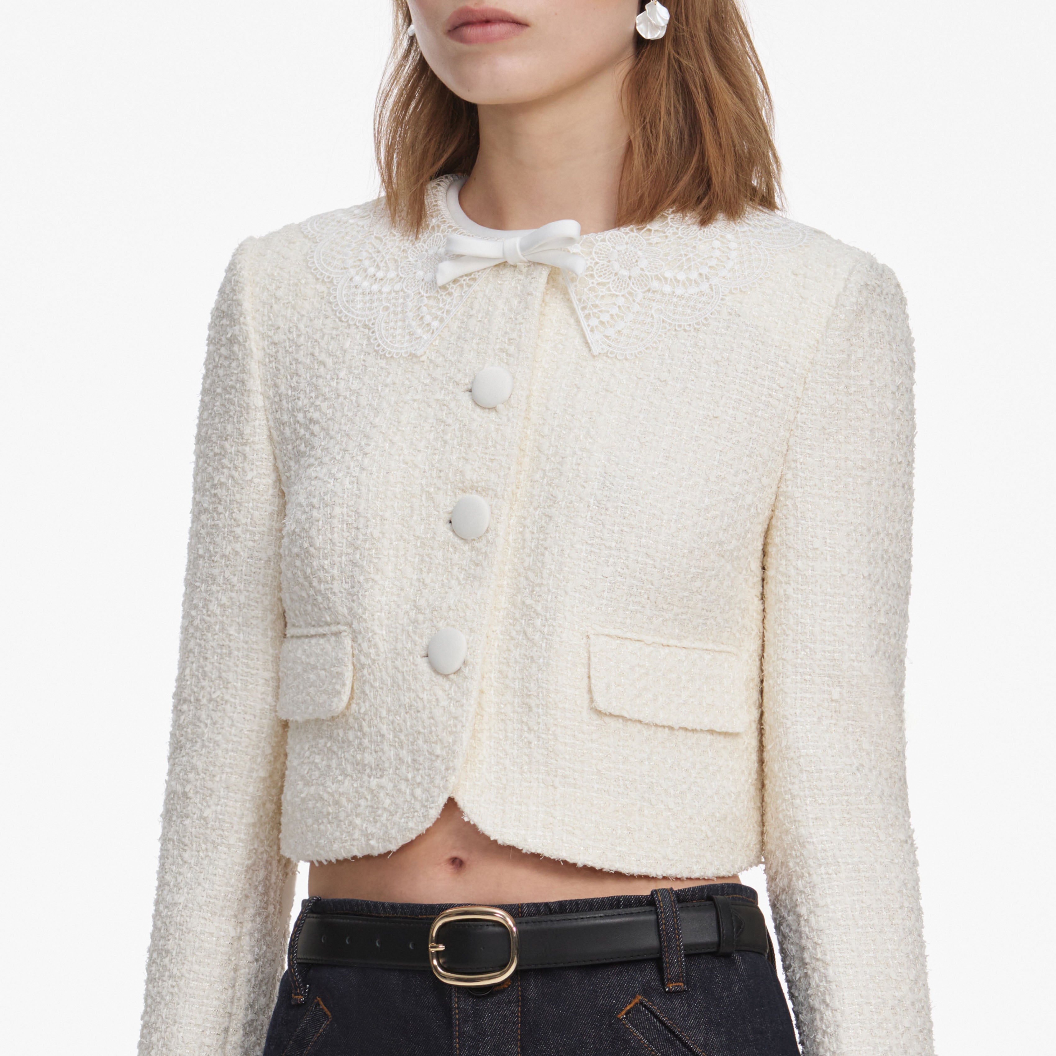 Self Portrait Outerwear Boucle Jacke Creme Schleife