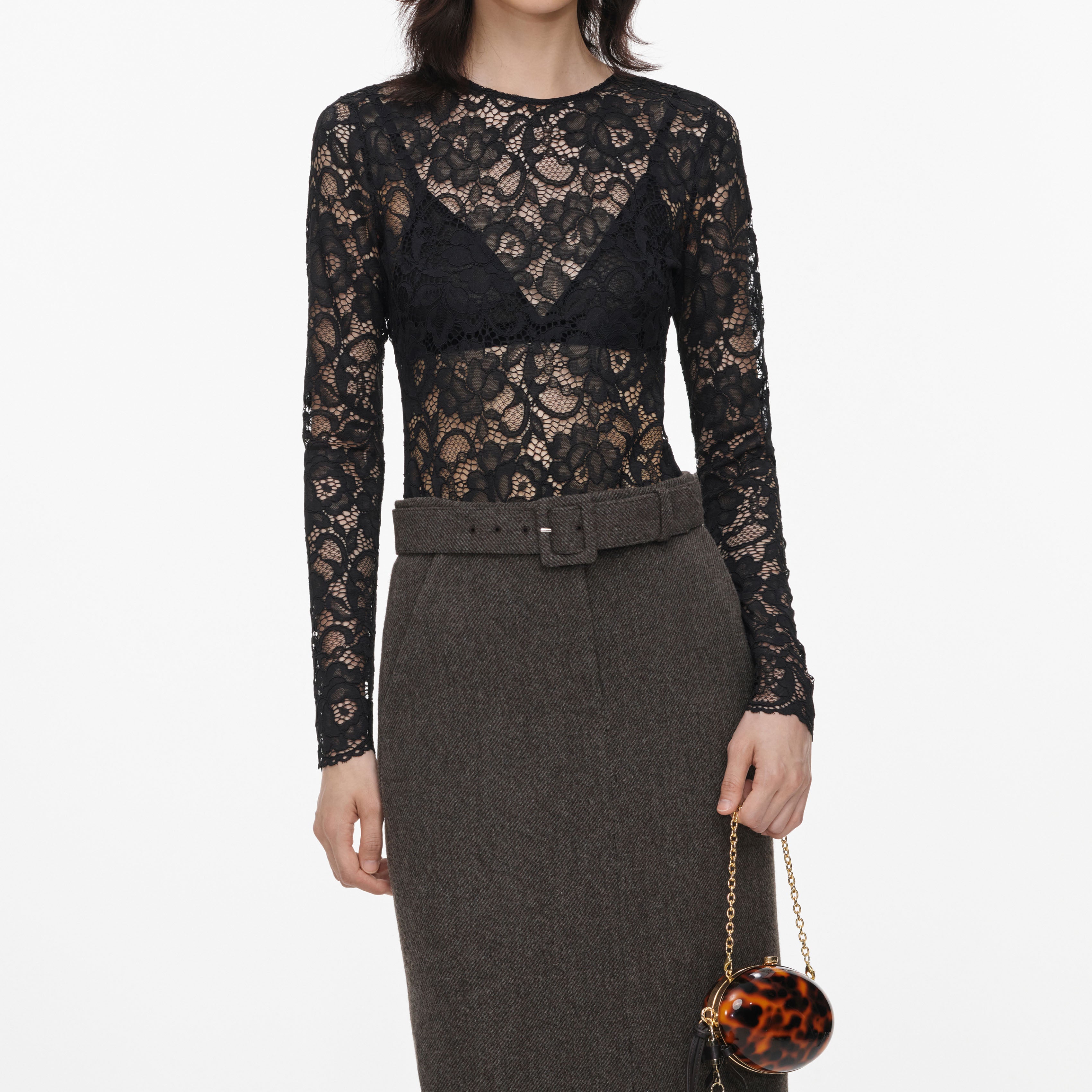 Self Portrait Brown Wool Midi Rock mit Schlitz und Gürtel