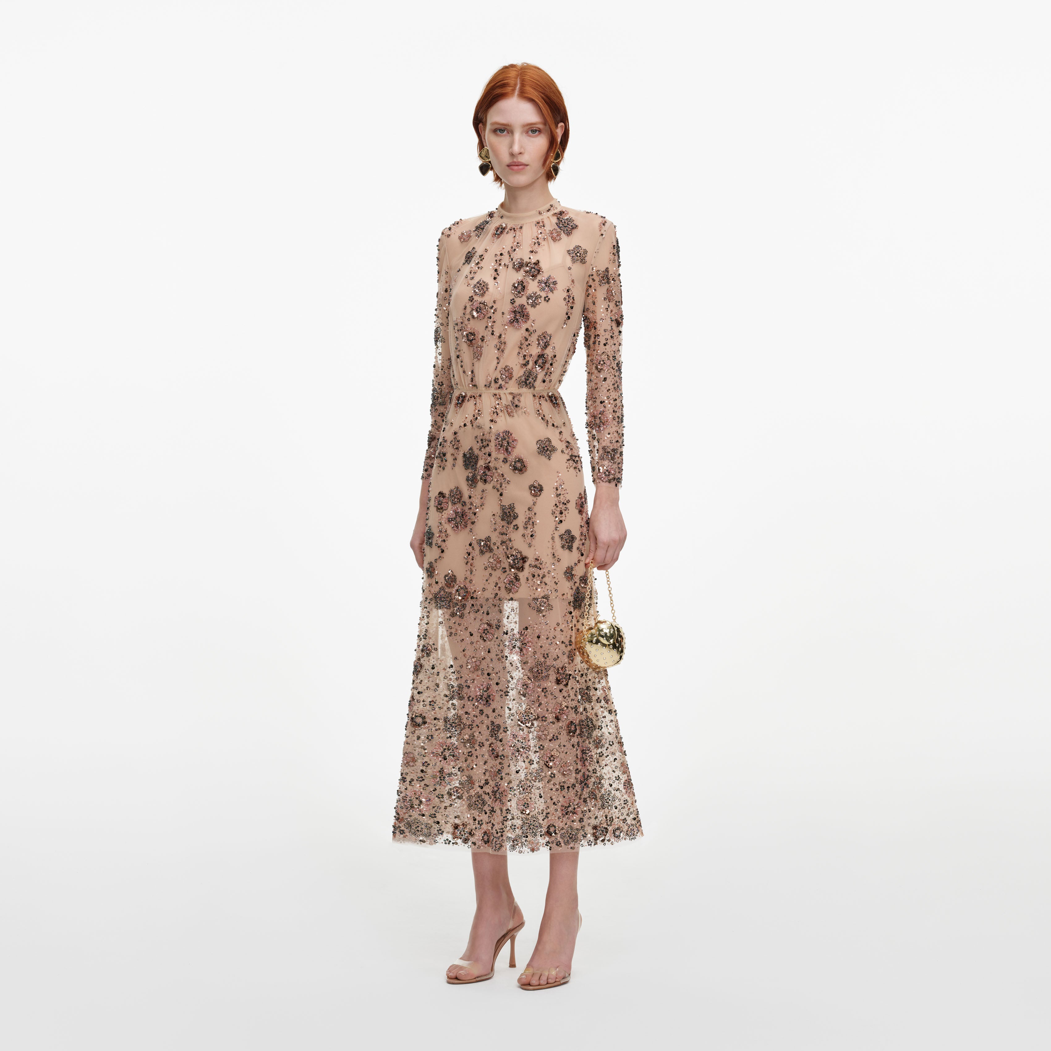 Self Portrait Beige Sequin Midi Kleid Pailletten Abendkleid