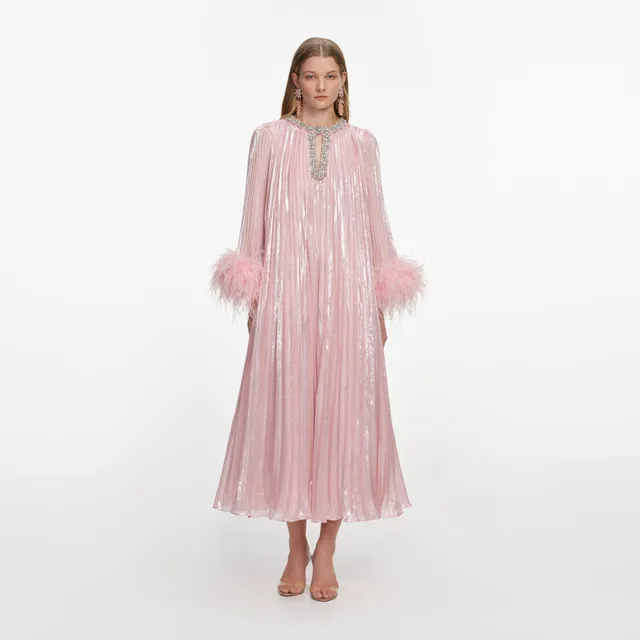 Self Portrait Pink Metallic Chiffon Midi Kleid Feder