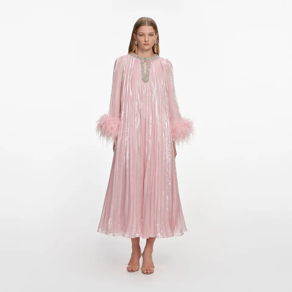 Self Portrait Pink Metallic Chiffon Midi Kleid Feder