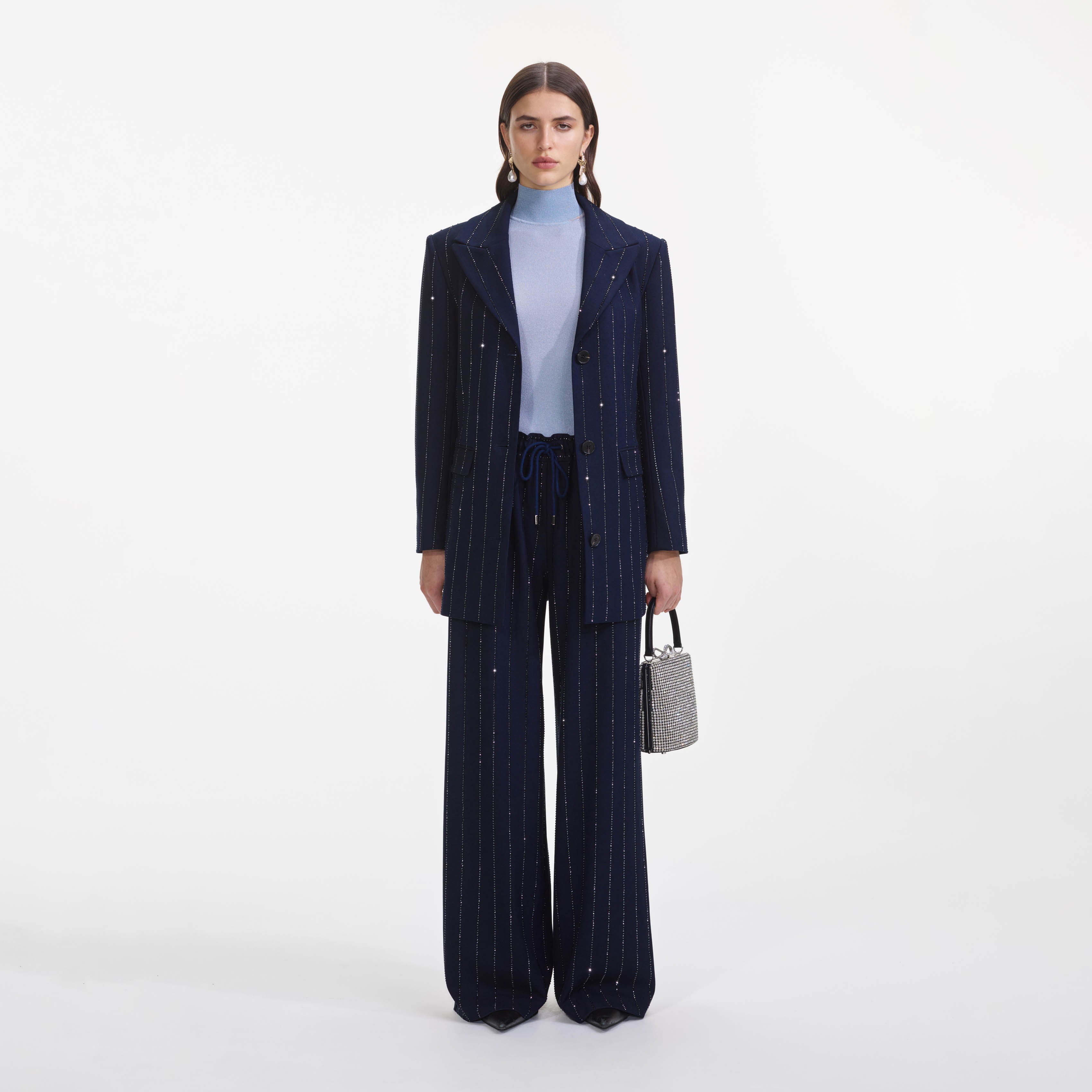 Self Portrait Pinstripe Hose Navy Strass UK 8 Crepe