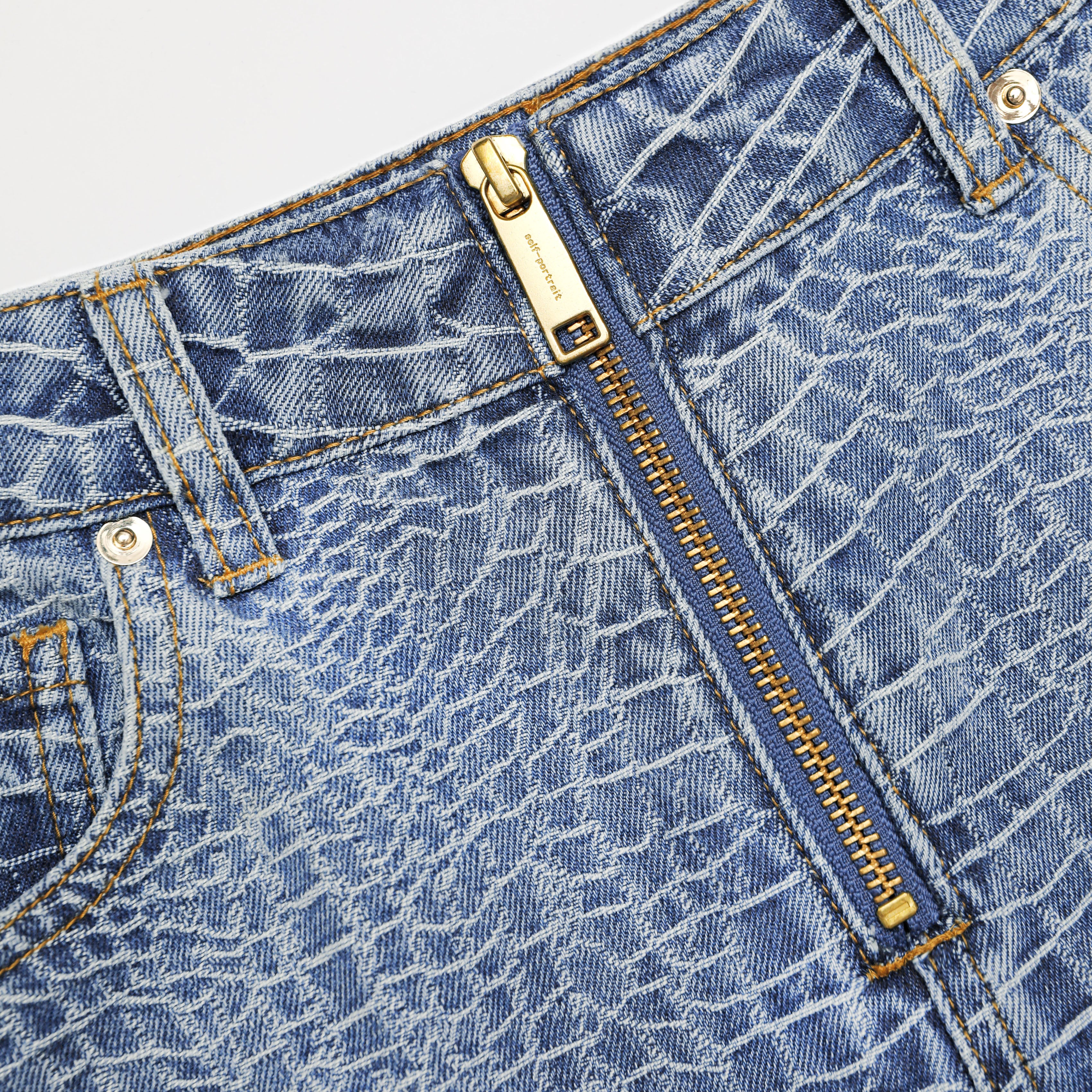 Self Portrait Croc Effect Straight Leg Jeans Blau High Waist