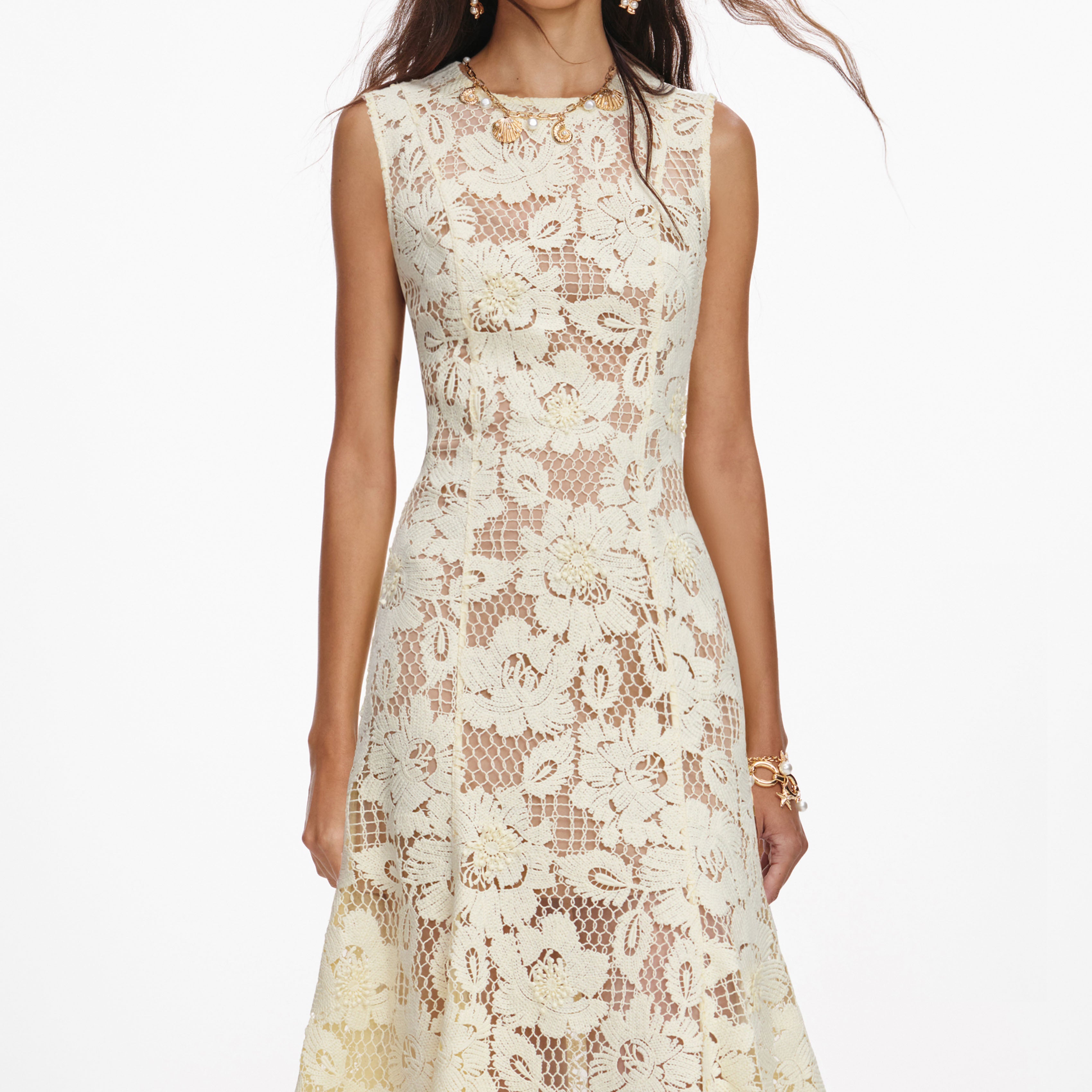 Self Portrait Yellow Crochet Lace Midi Dress Midikleid Gelb