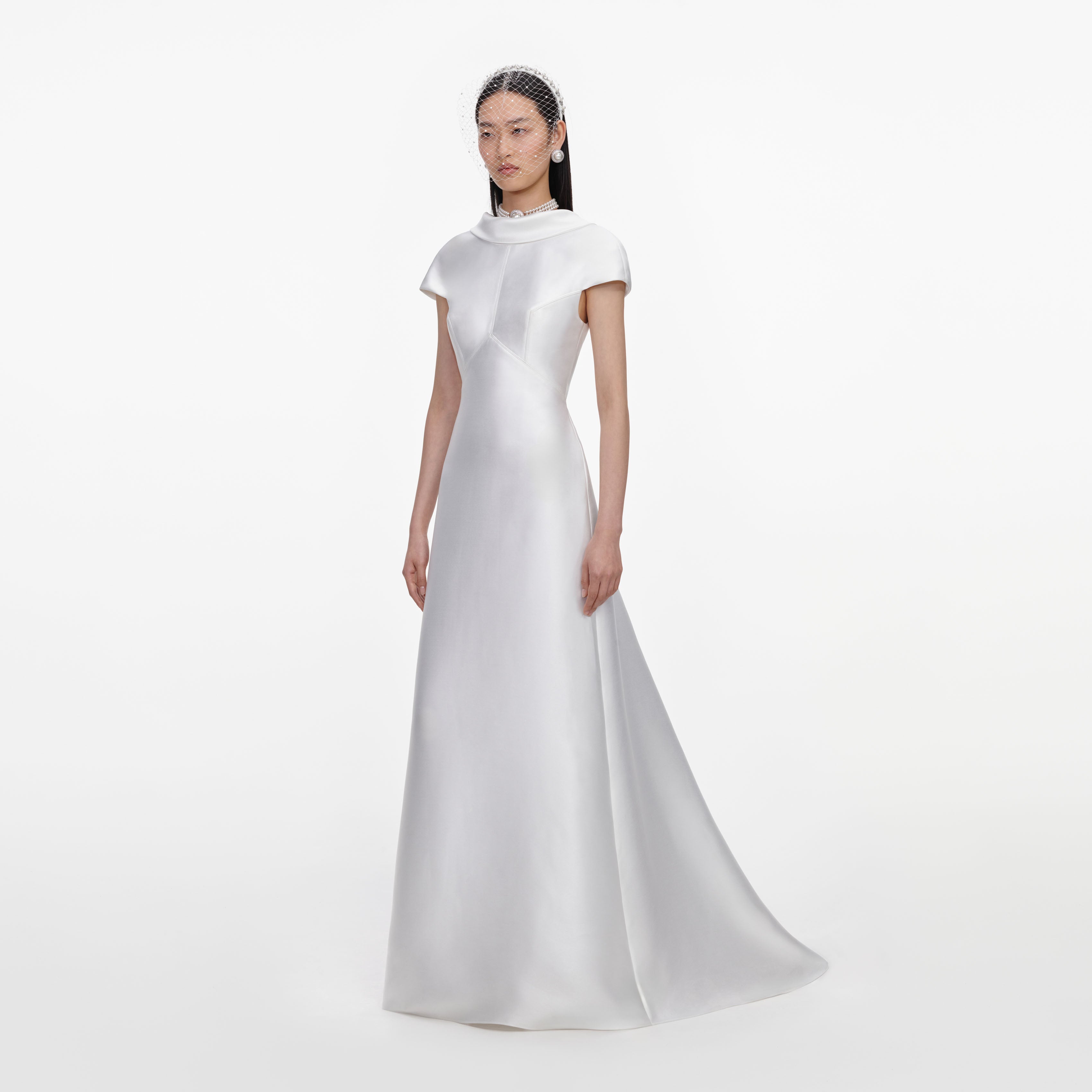 Self-Portrait White Taffeta Collared Maxi Dress Kleid Weiß UK 8