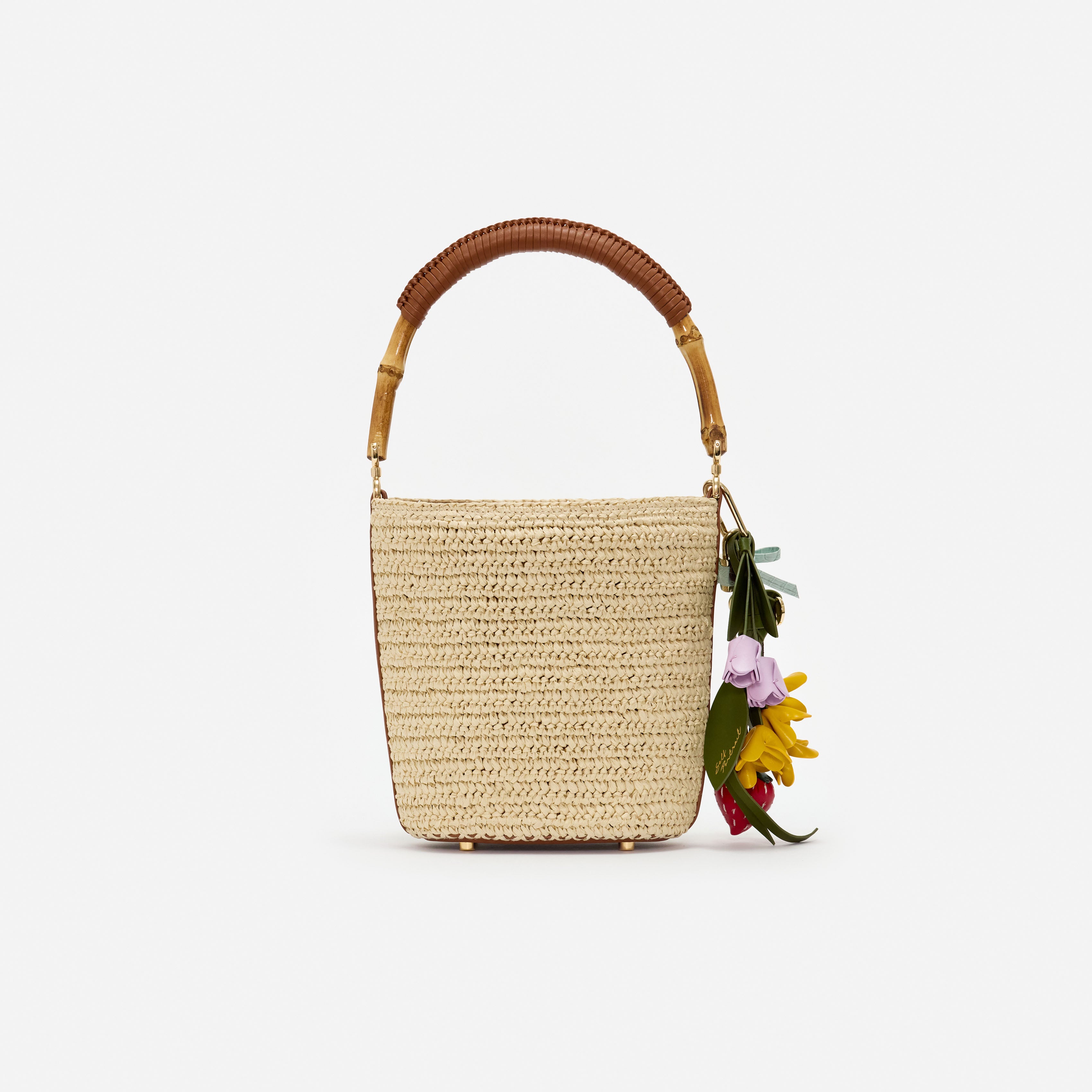 Self Portrait Raffia Charm Bucket Bag Beige Henkeltasche