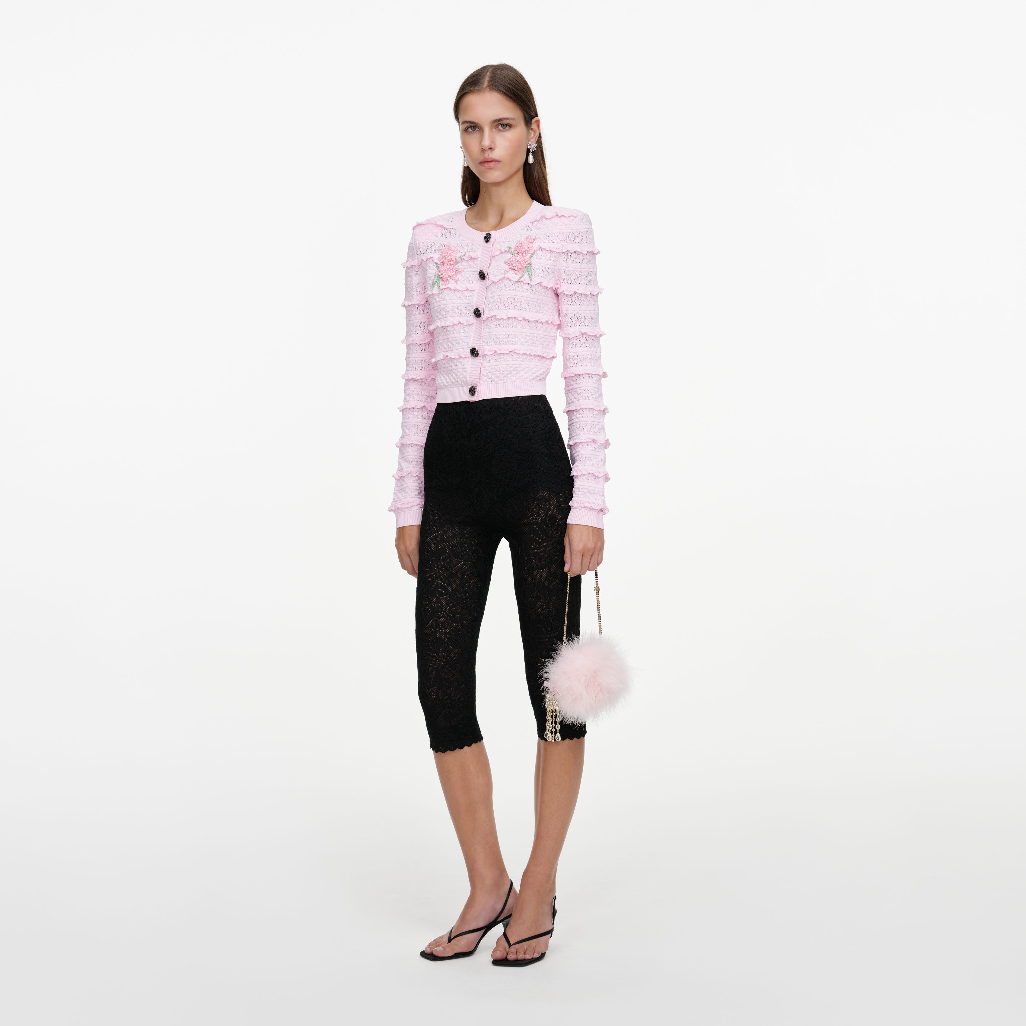 Self Portrait Knitwear Flower Pointelle Strickjacke Rosa
