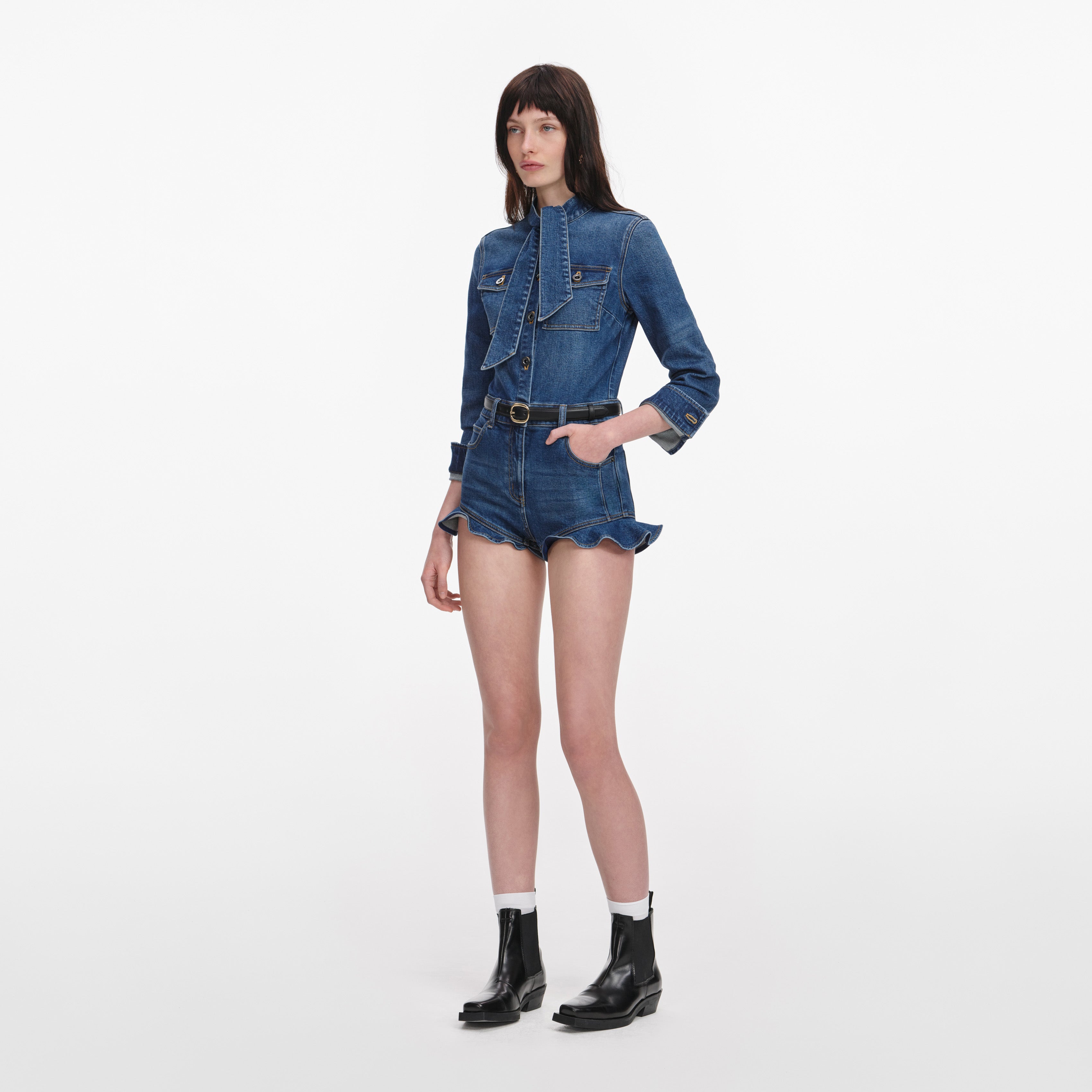Self Portrait Denim Frill Playsuit Jumpsuit Blau Stretch