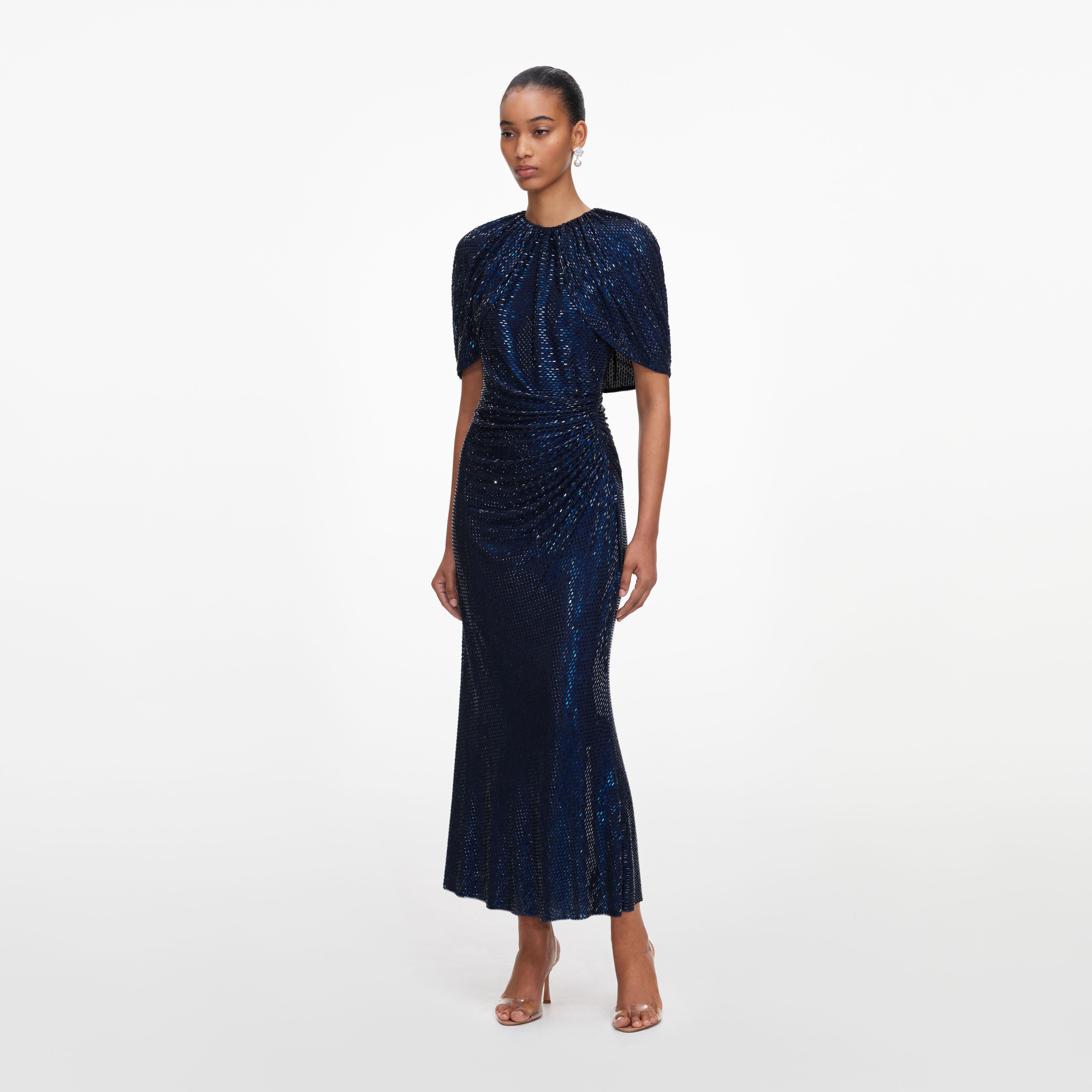 Self Portrait Navy Rhinestone Cape Midikleid mit Strass
