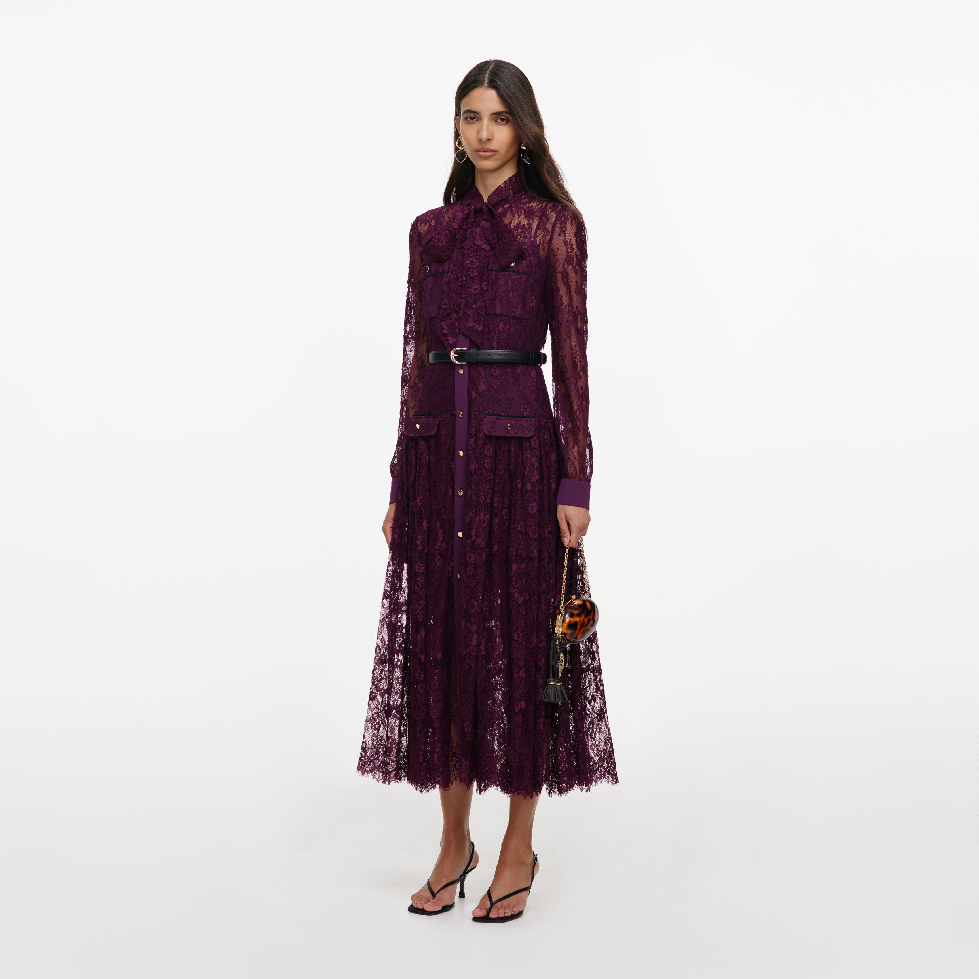 Self Portrait Purple Lace Tie Neck Midikleid Lila