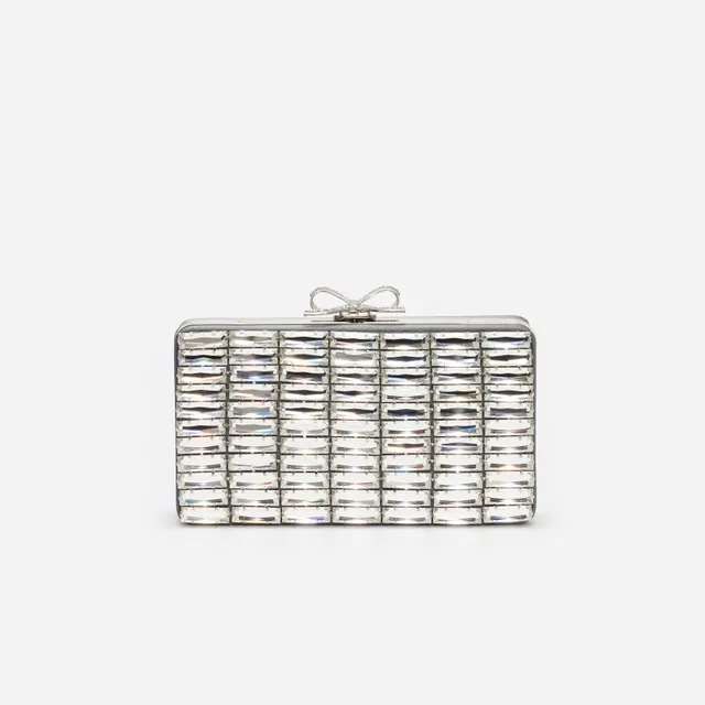 Self-Portrait Grey Satin Crystal Clutch Grau Mini Strass