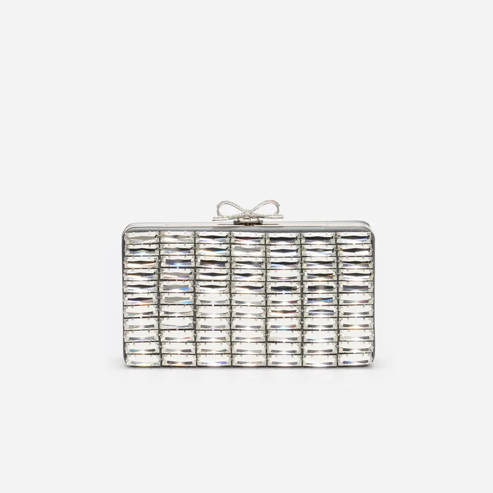 Self-Portrait Grey Satin Crystal Clutch Grau Mini Strass