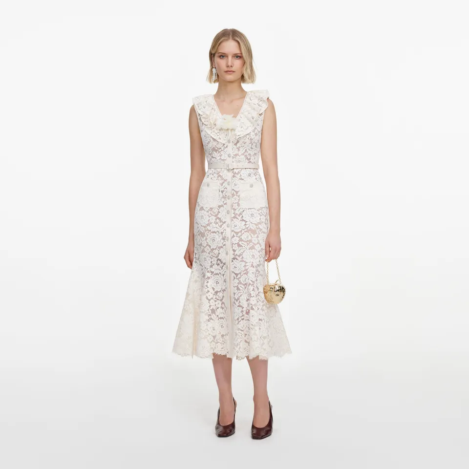 Self Portrait Dresses Cream Lace Flower Midi Kleid creme