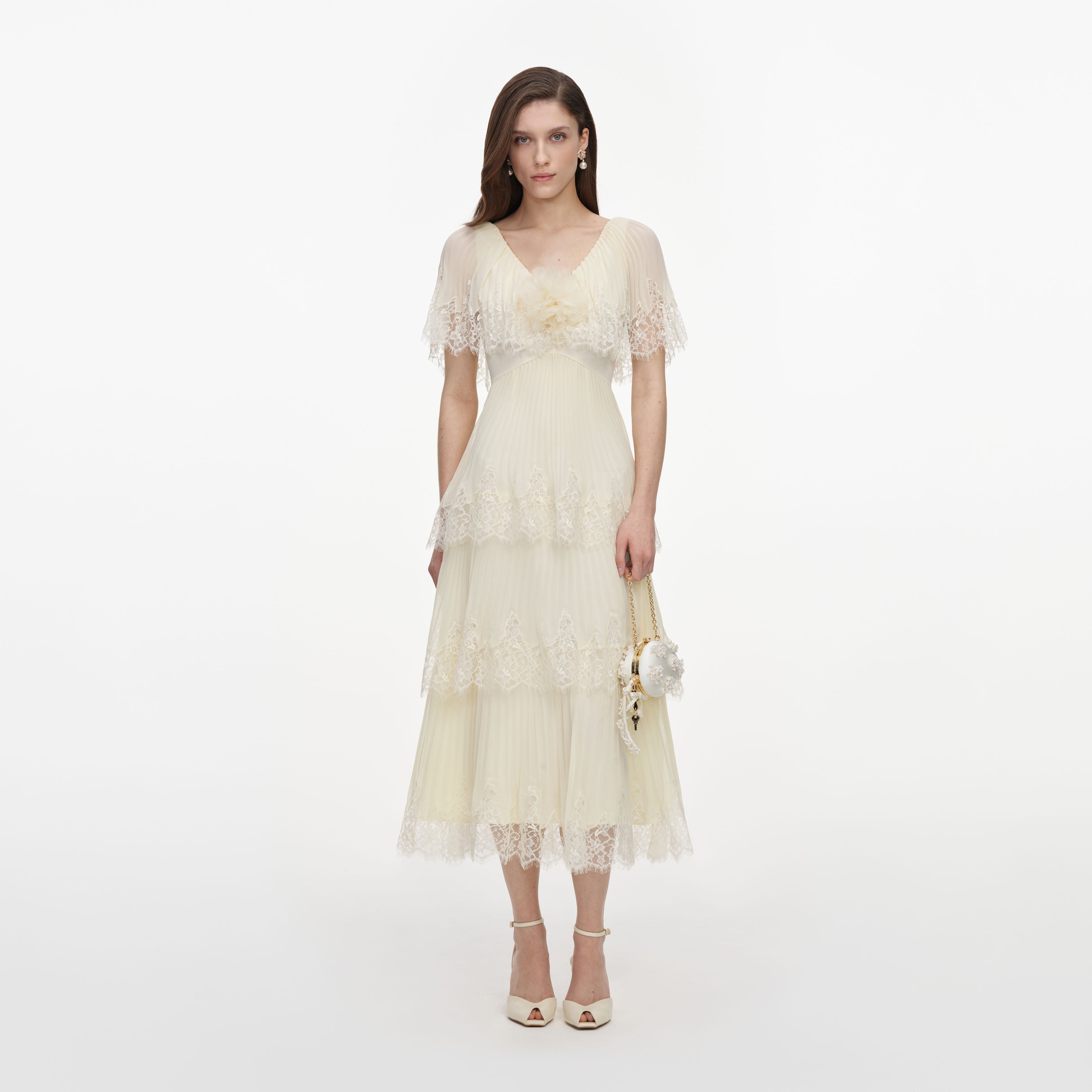 Self Portrait Chiffon Tiered Midi Kleid Gelb mit Spitze