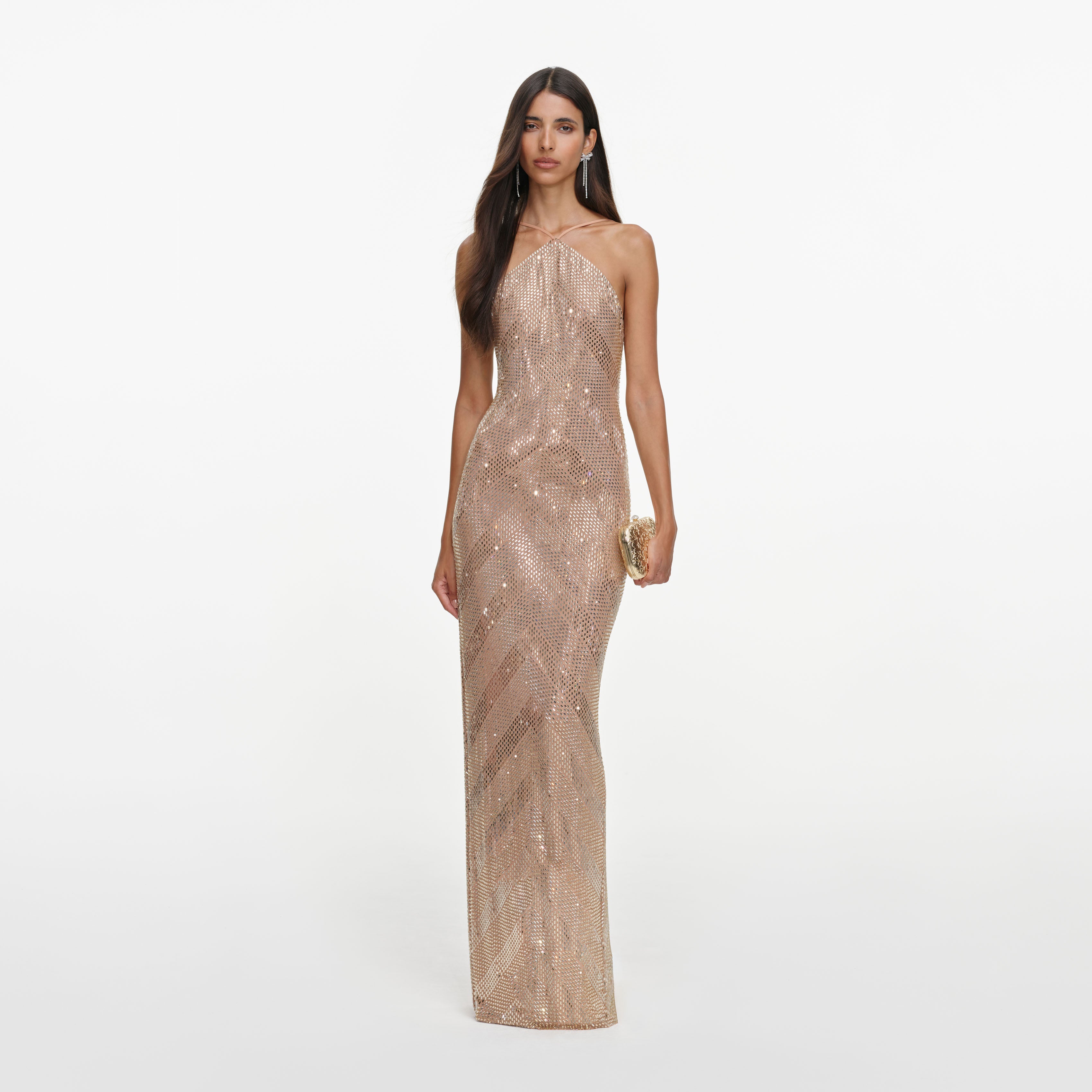 Self Portrait Dresses Champagne Chevron Halterneck Maxi Kleid Champagner rückenfrei