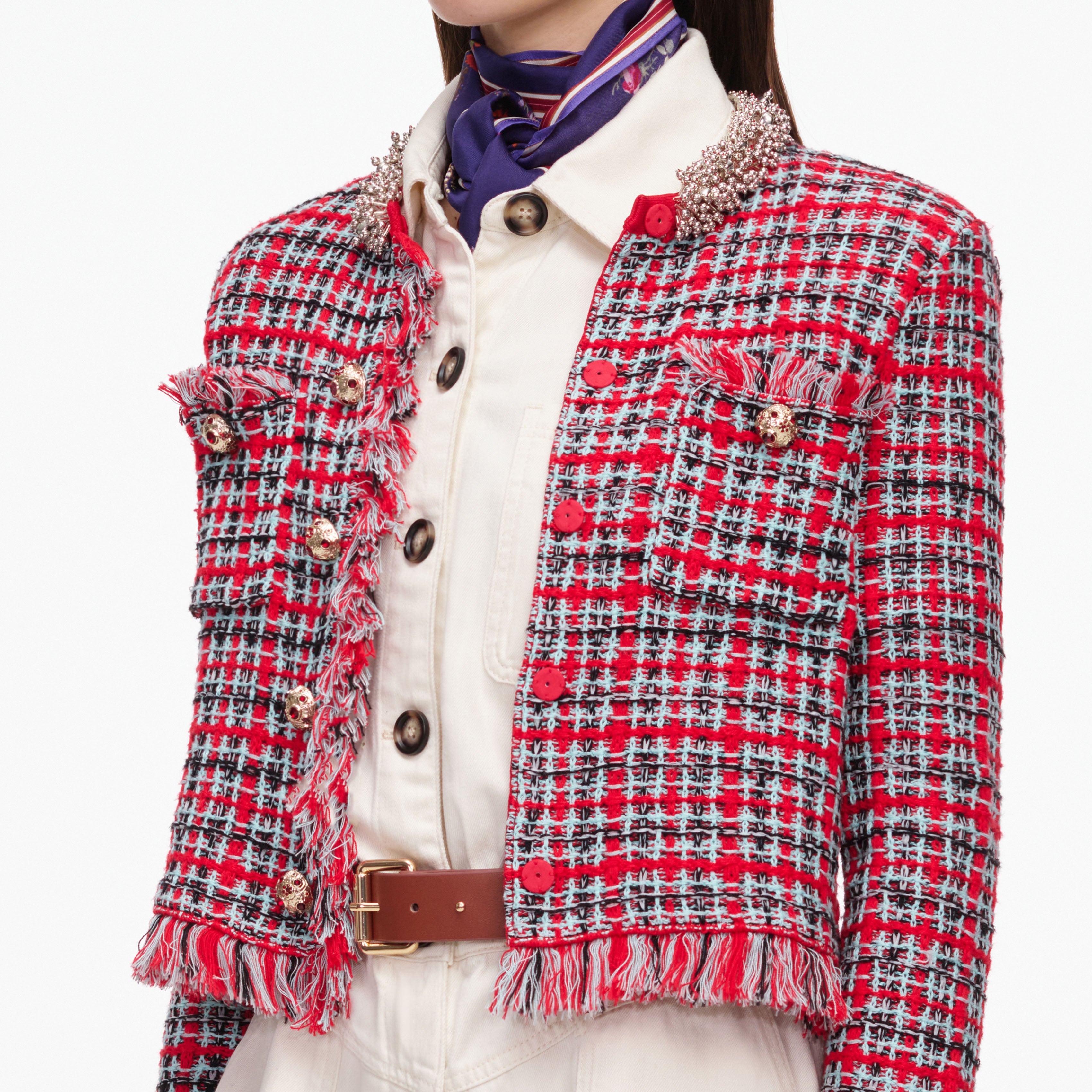 Self Portrait Red Check Frayed Knit Jacke S Rot Karo