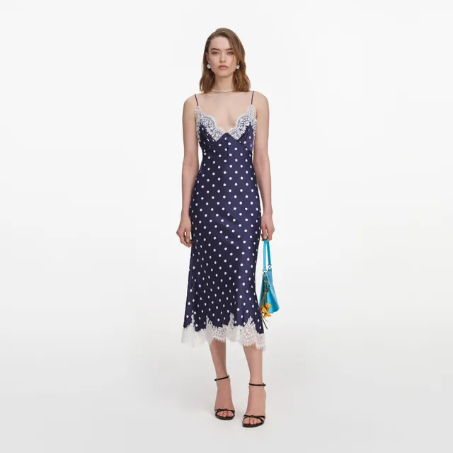 Self Portrait Satin Polka Dot Midi Kleid navy Punkte