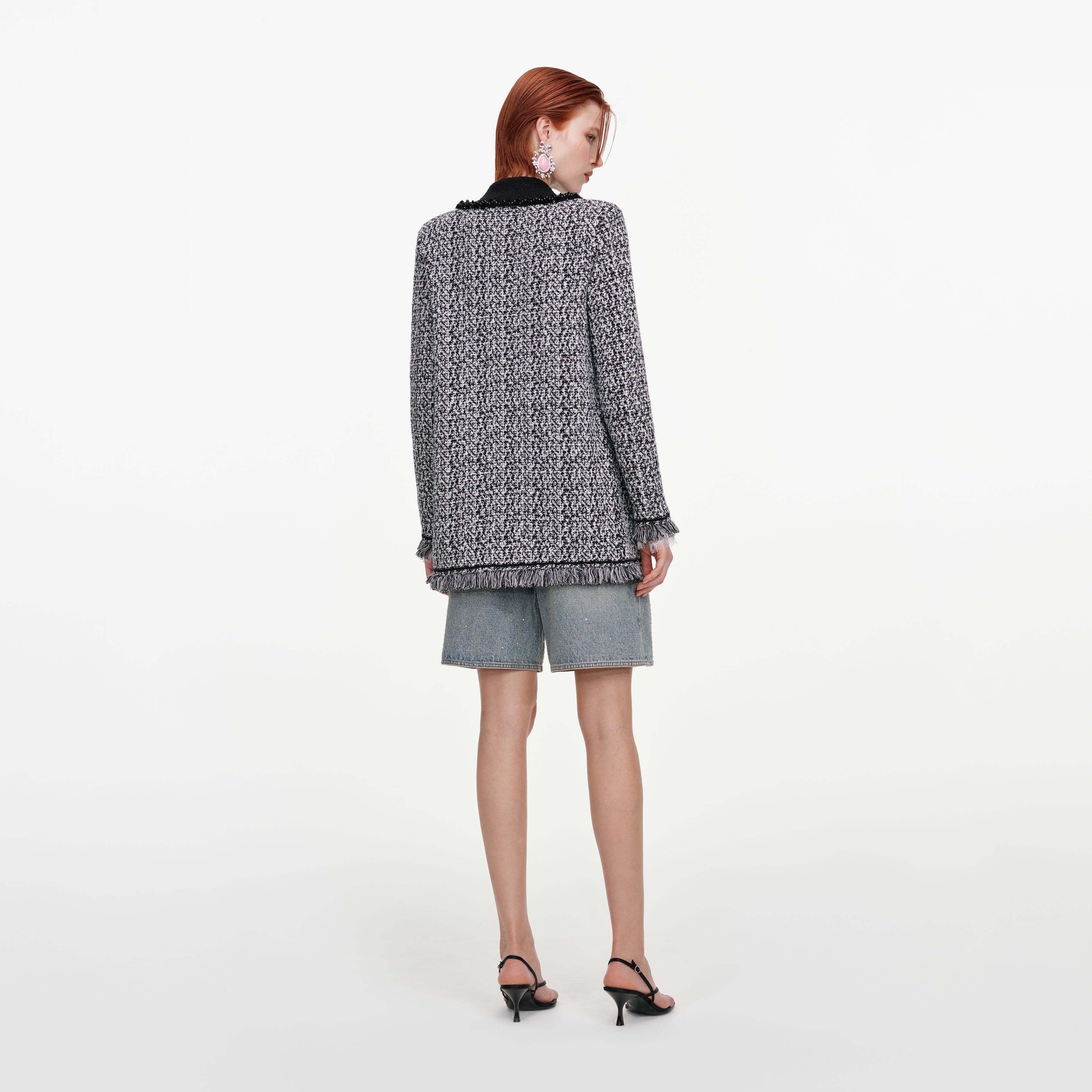 Self Portrait Knitwear Black White Textured Cardigan