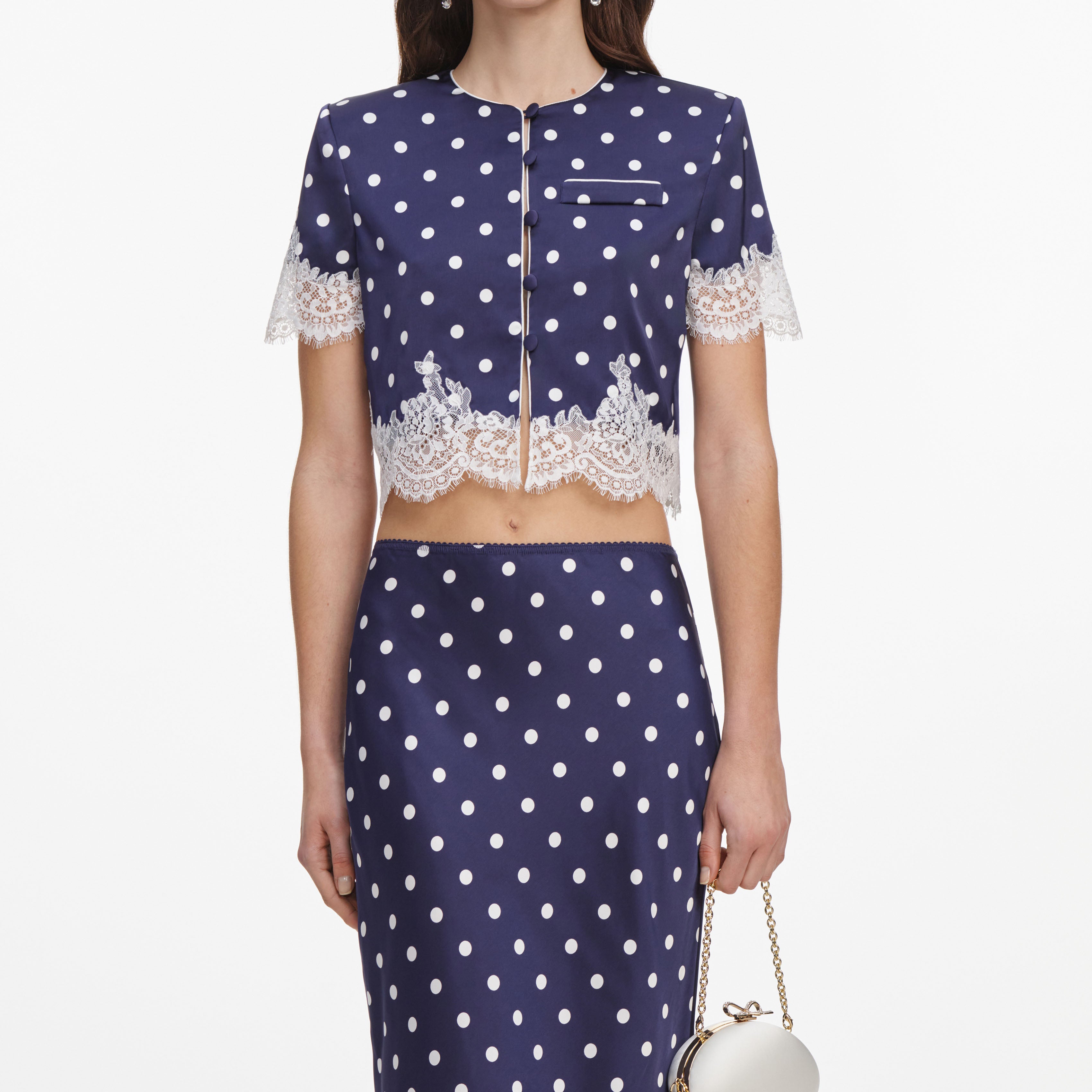 Self Portrait Navy Polka Dot Satin Midirock Navy