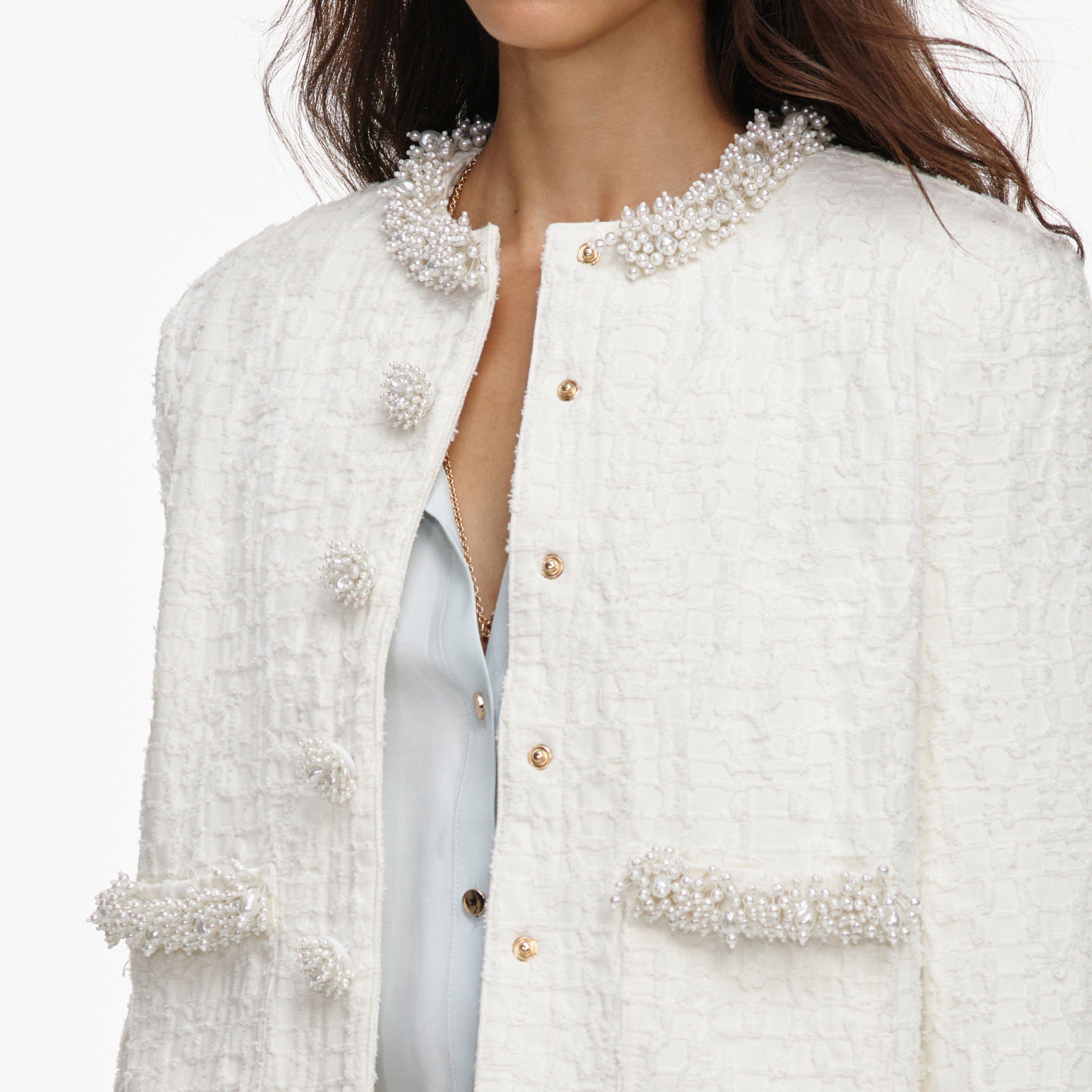 Self Portrait Creme Denim Jacke Perlen Relaxed Fit