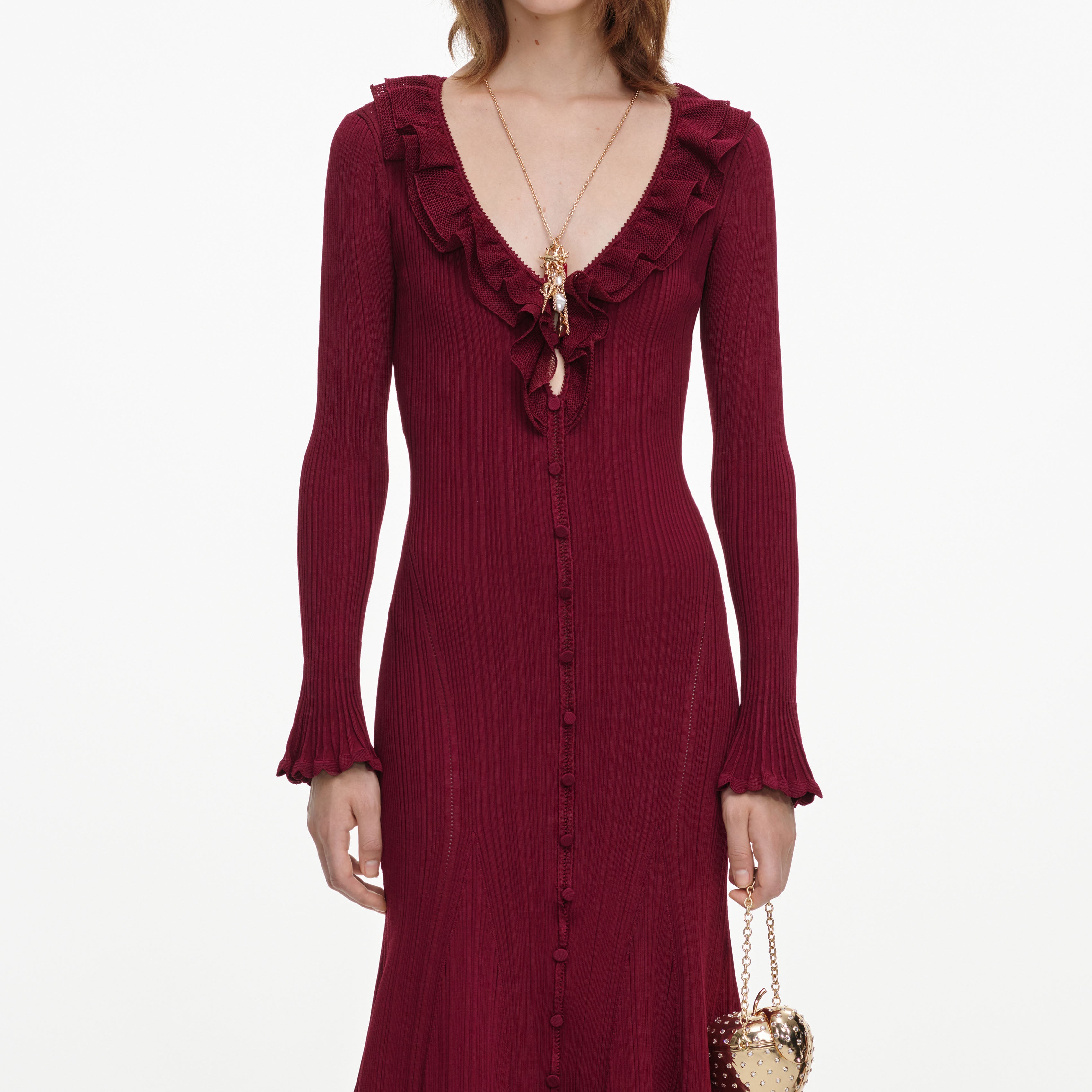 Self Portrait Burgundy Ruffle Knit Midi Dress Midikleid M