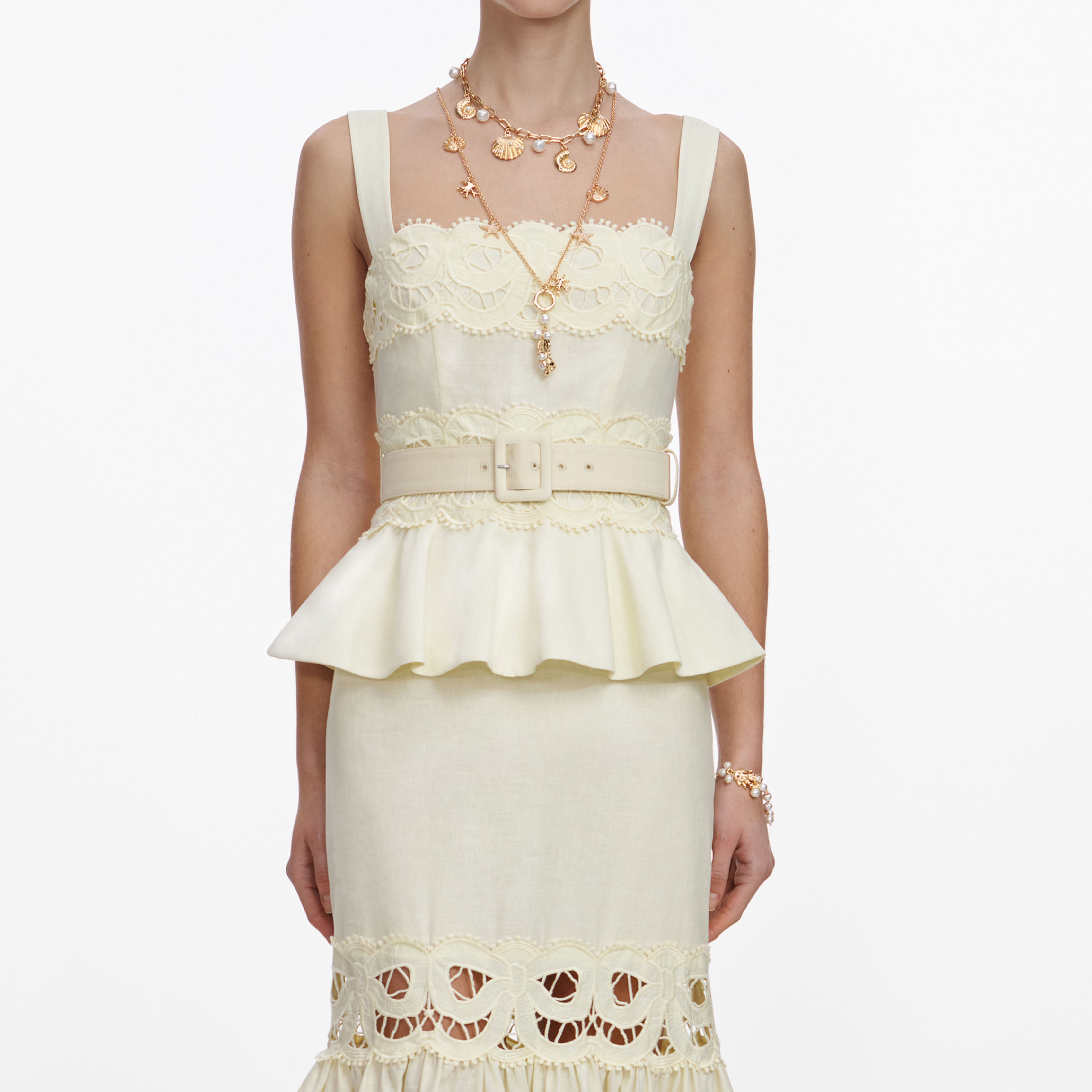 Self Portrait Yellow Linen Peplum Midi Kleid Gelb Leinen