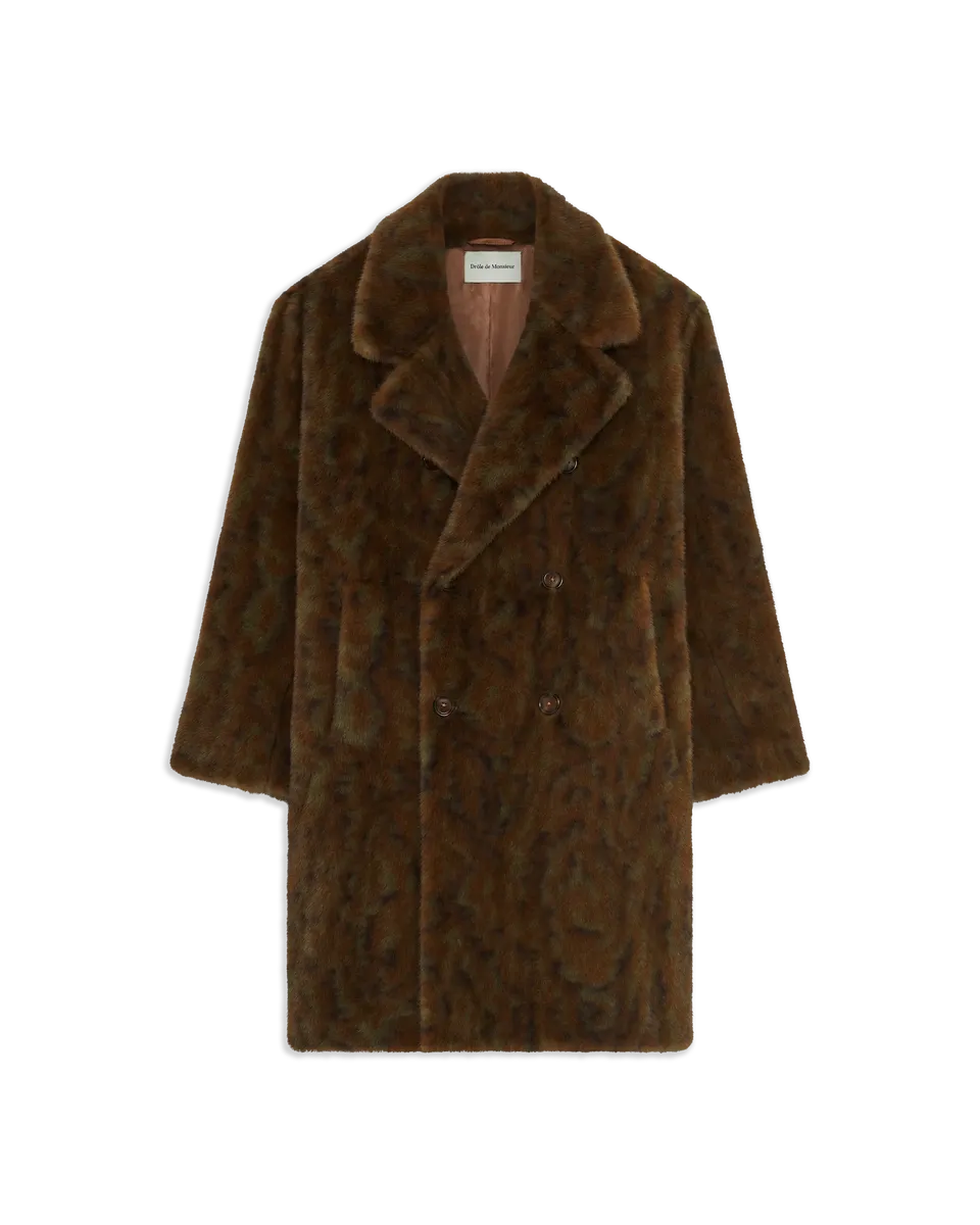 Drôle De Monsieur Faux Fur Double Breasted Coat Mantel Khaki