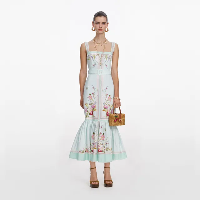 Self Portrait Floral Midi Kleid Mint Leinen Blumen