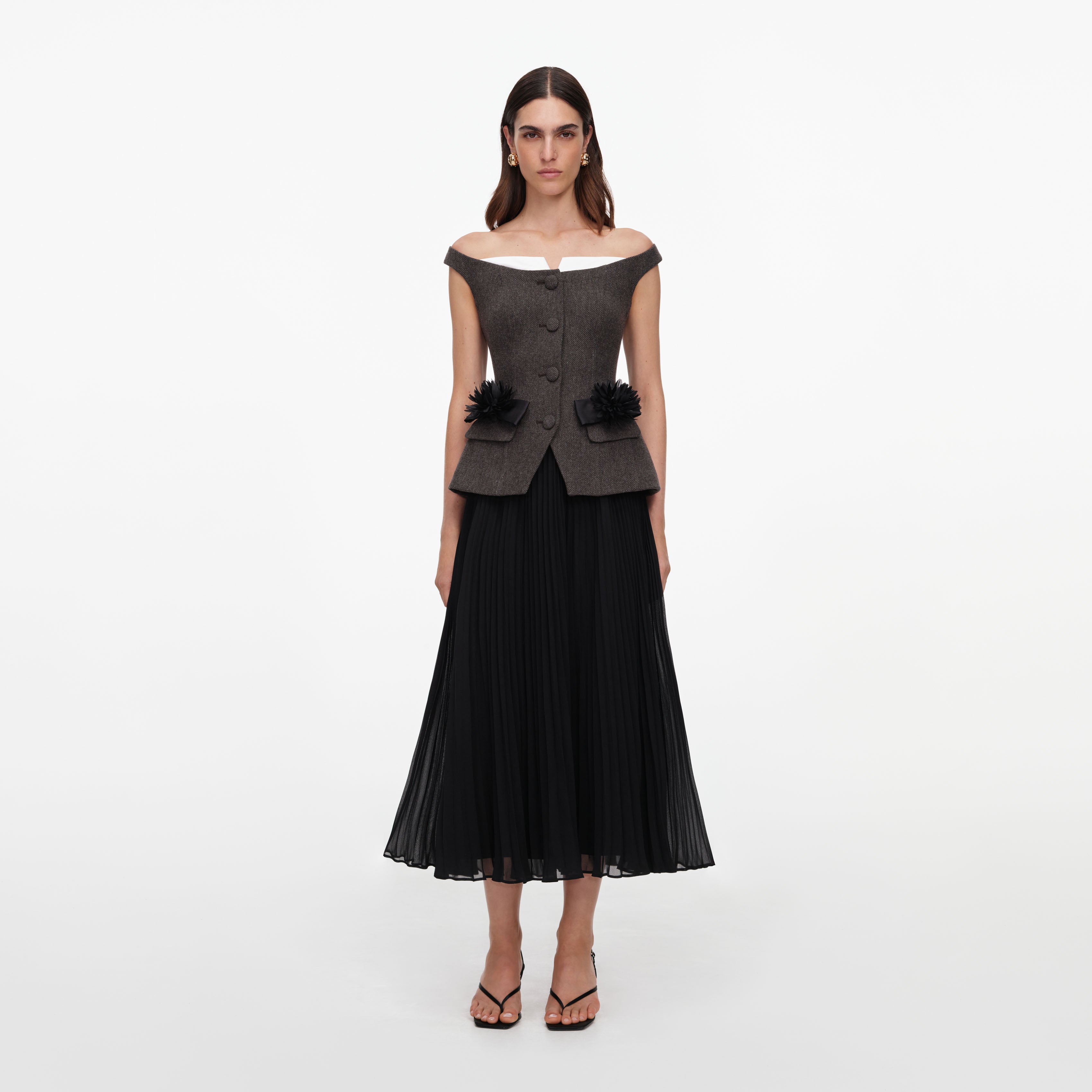 Self Portrait Dresses Brown Off Shoulder Chiffon Midi Kleid UK 10