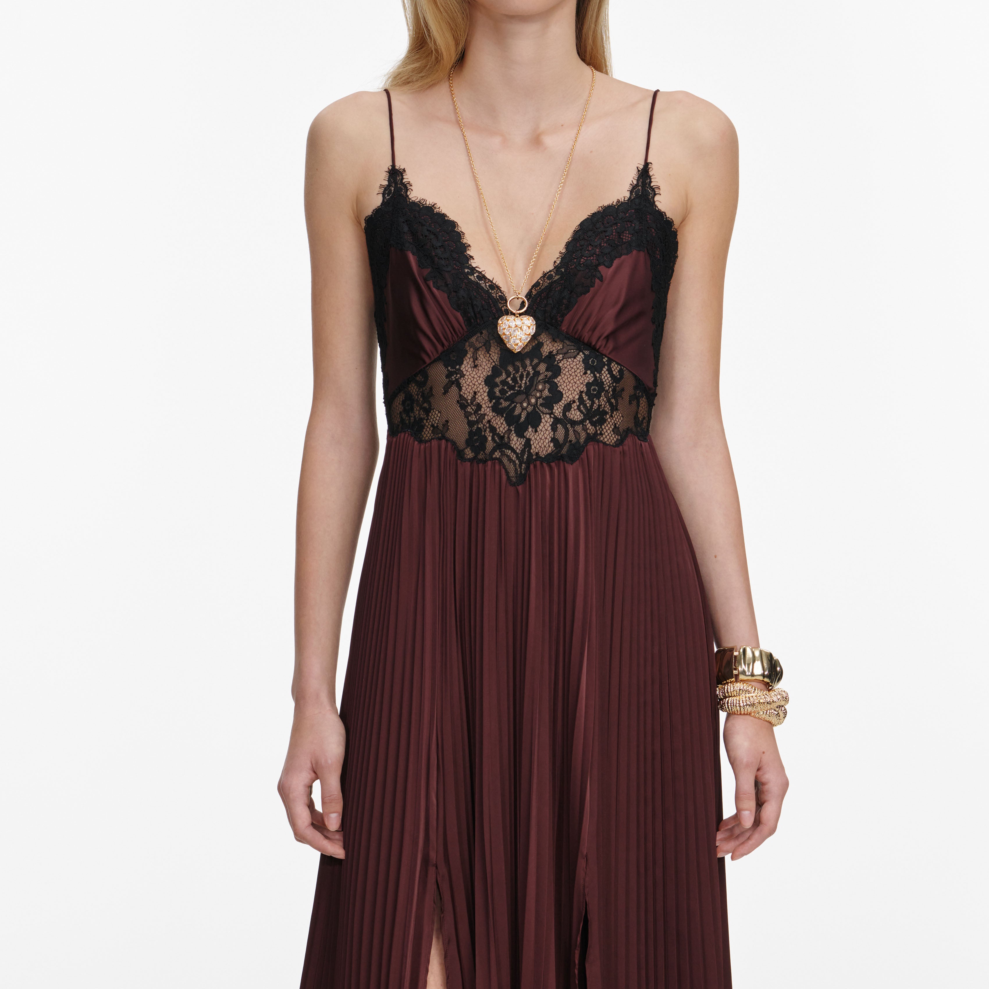 Self Portrait Brown Satin Lace Insert Maxi Kleid Braun