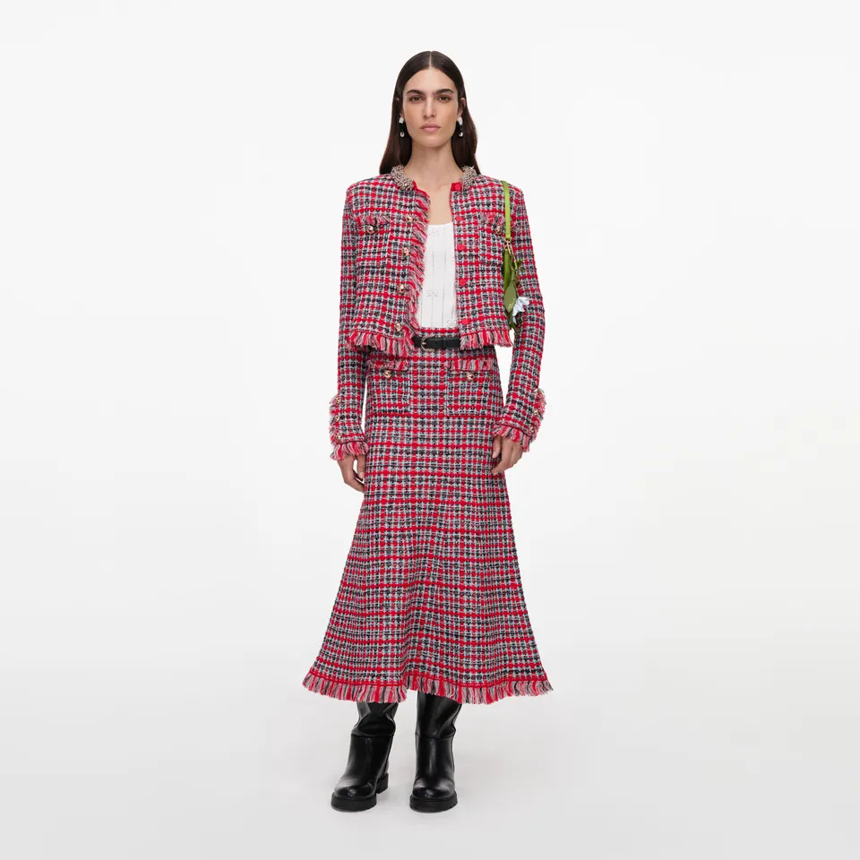 Self Portrait Red Check Frayed Knit Midi Rock Rot